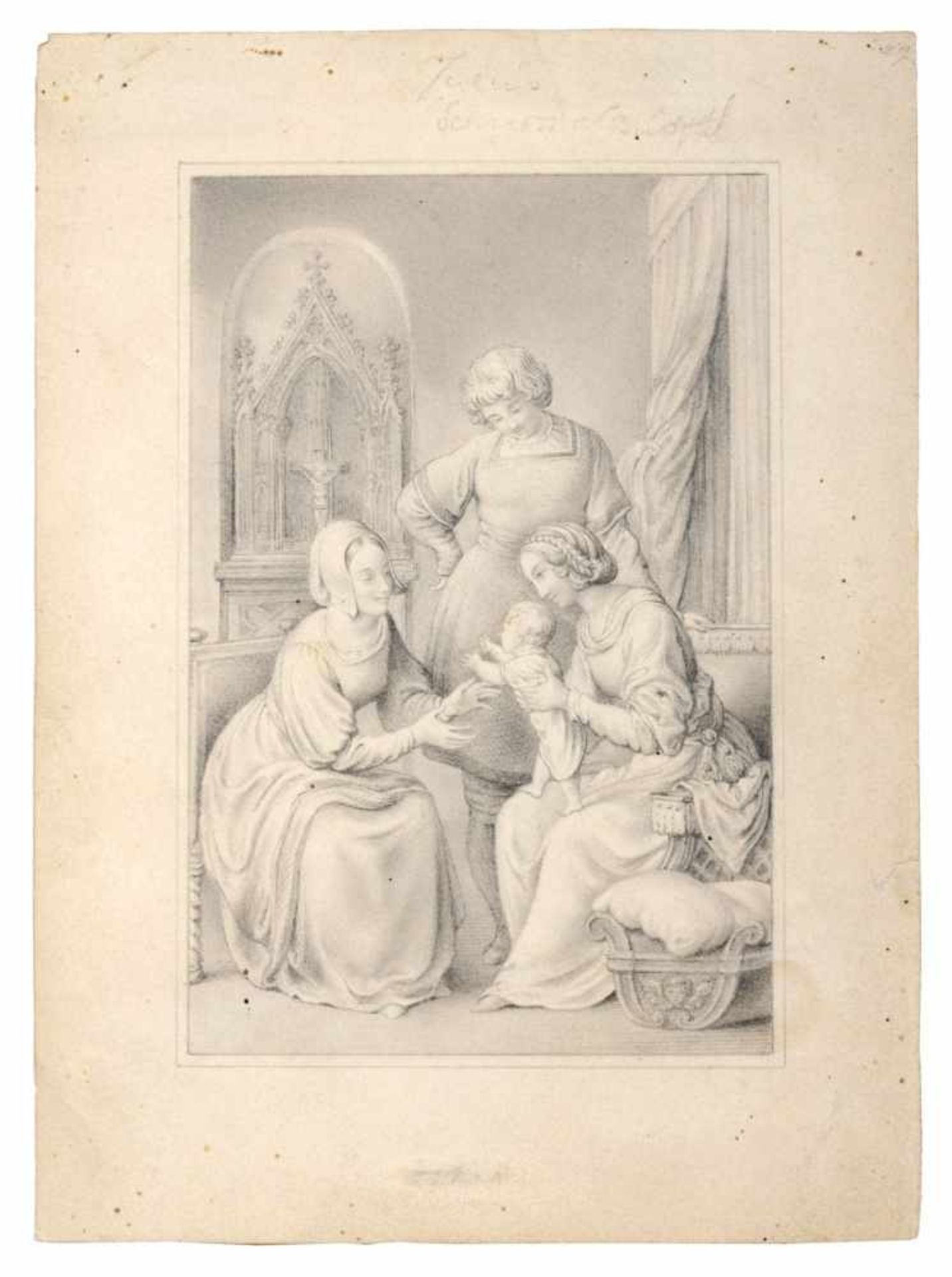 Deutscher Künstler, Junge Familie. Wohl um 1820/1830.Lithografie mit Bleistift auf Papier.