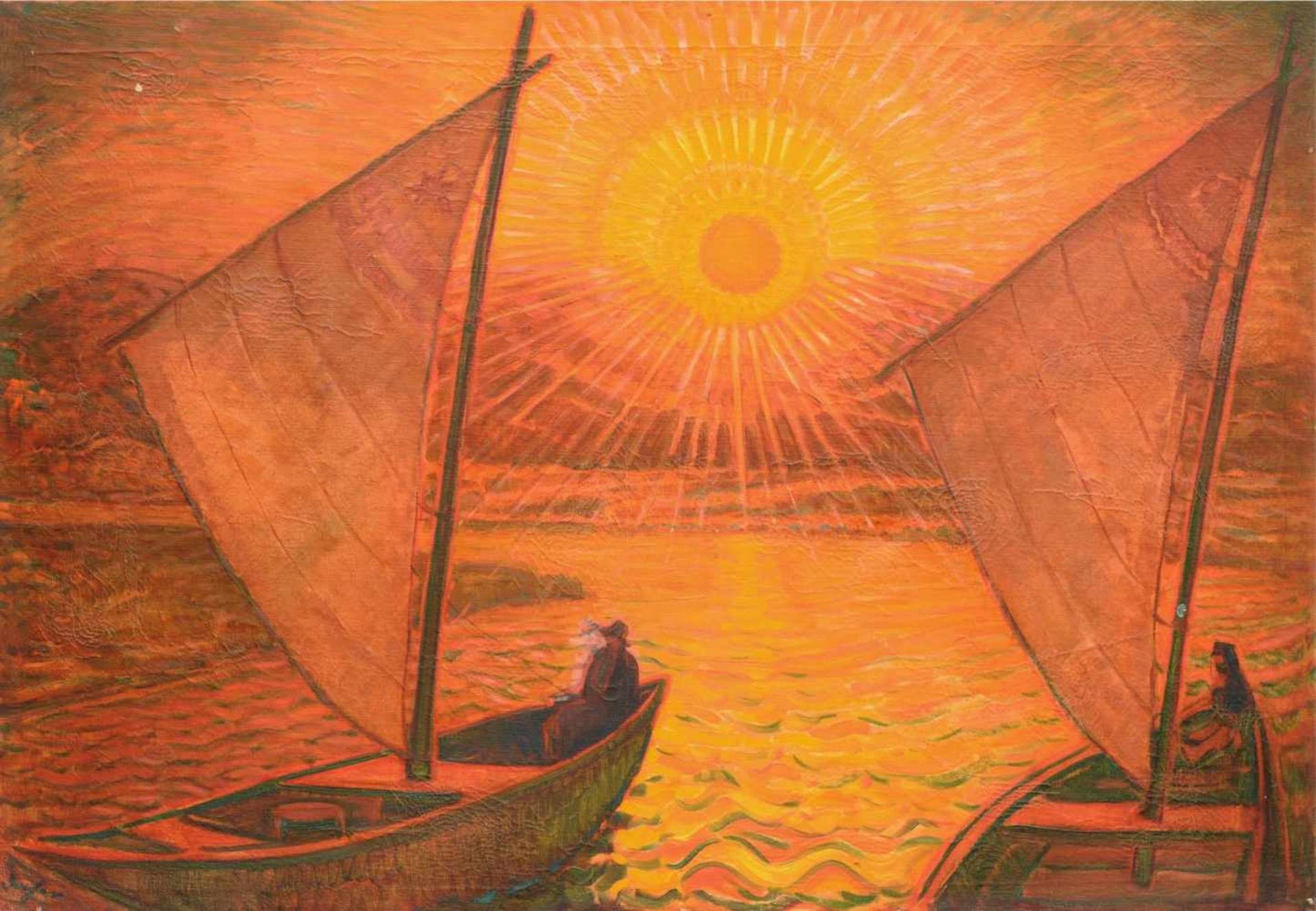 Richard Dreher "Segelboote in der Abendsonne". Um 1920.Richard Dreher 1875 Dresden  1932 ebendaÖl