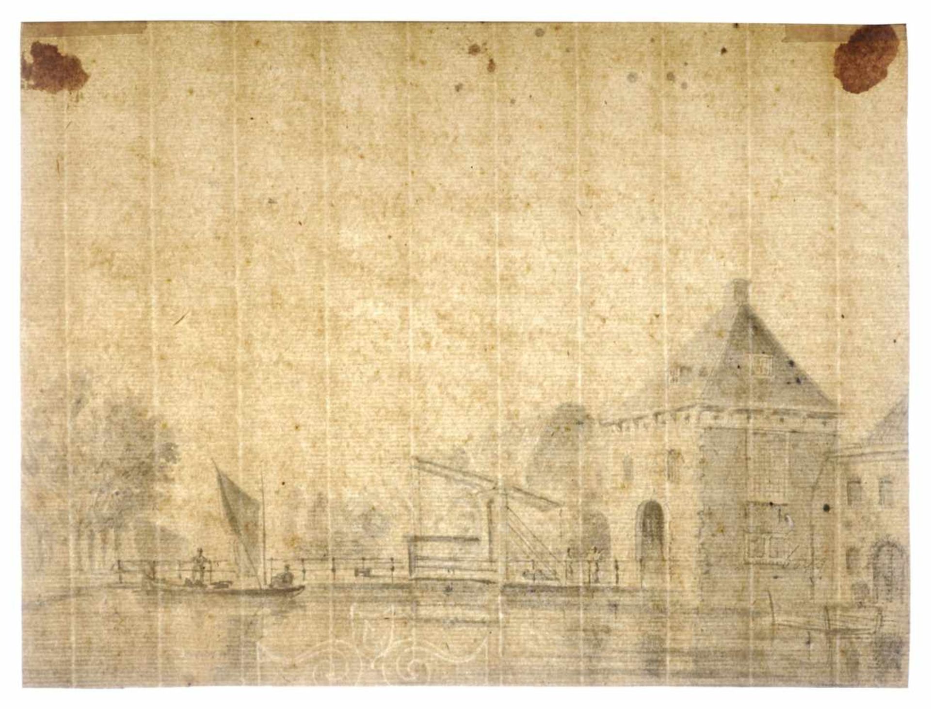 Paulus van Liender (Umkreis?), Holländische Stadtansicht mit Zugbrücke. Wohl 2. H. 18. Jh.Paulus van - Image 3 of 3