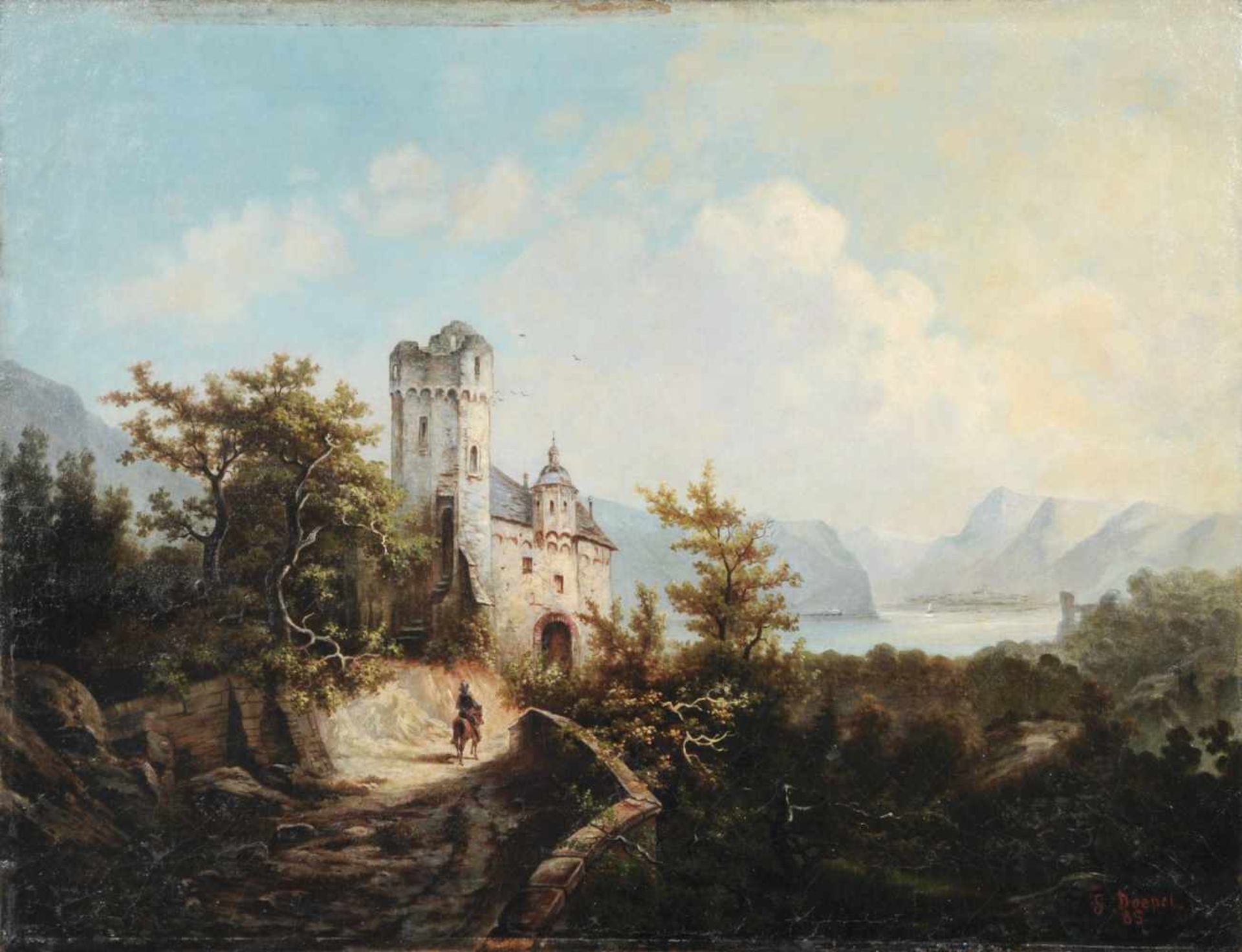 Johann Gottfried Döpel (zugeschr.), Gebirgslandschaft mit Burgruine und Reiter. 1885.Johann