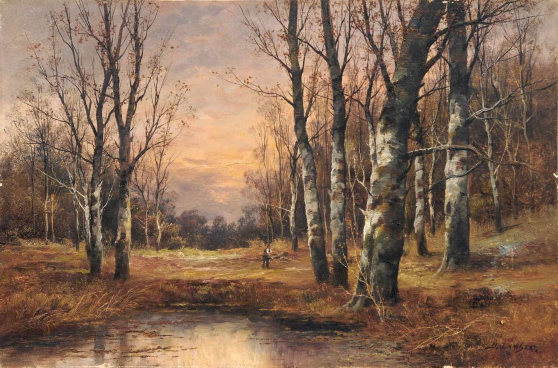 Karl Kaufmann (B. Lambert), Reisigsammler im Wald (Landschaft bei Barbizon?). Spätes 19. Jh.Karl