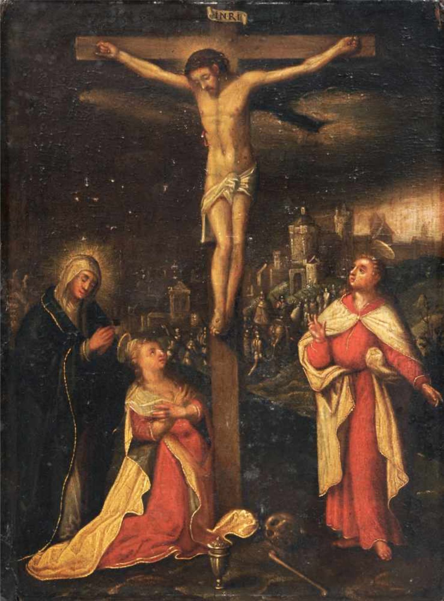 Deutscher Künstler, Jesus am Kreuz. Wohl 17. Jh.Öl auf Holz. Unsigniert. Verso mit Resten eines