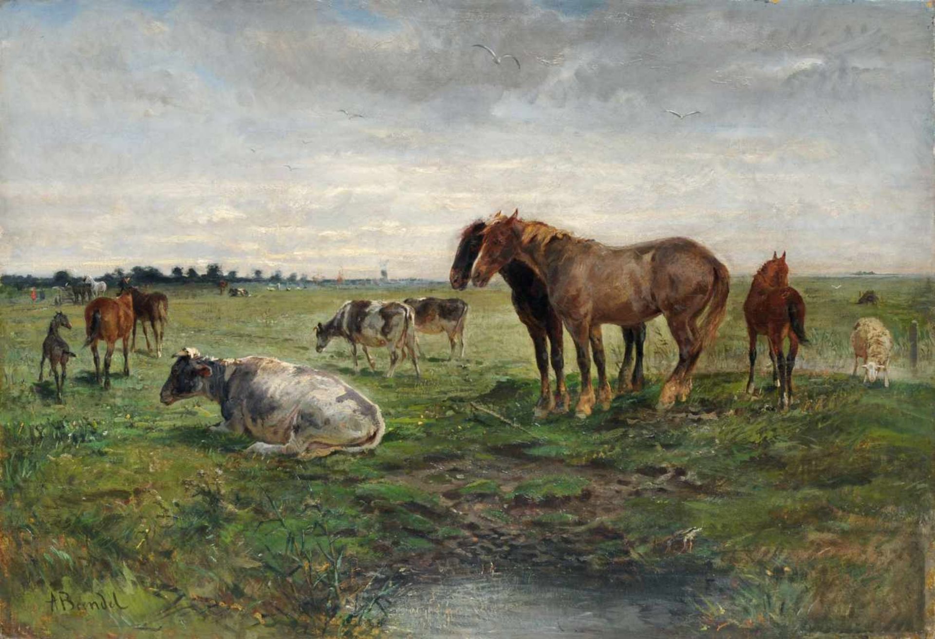 Albert Heinrich Brendel, Weidelandschaft mit Pferden und Kühen. Wohl 1860er Jahre.Albert Heinrich