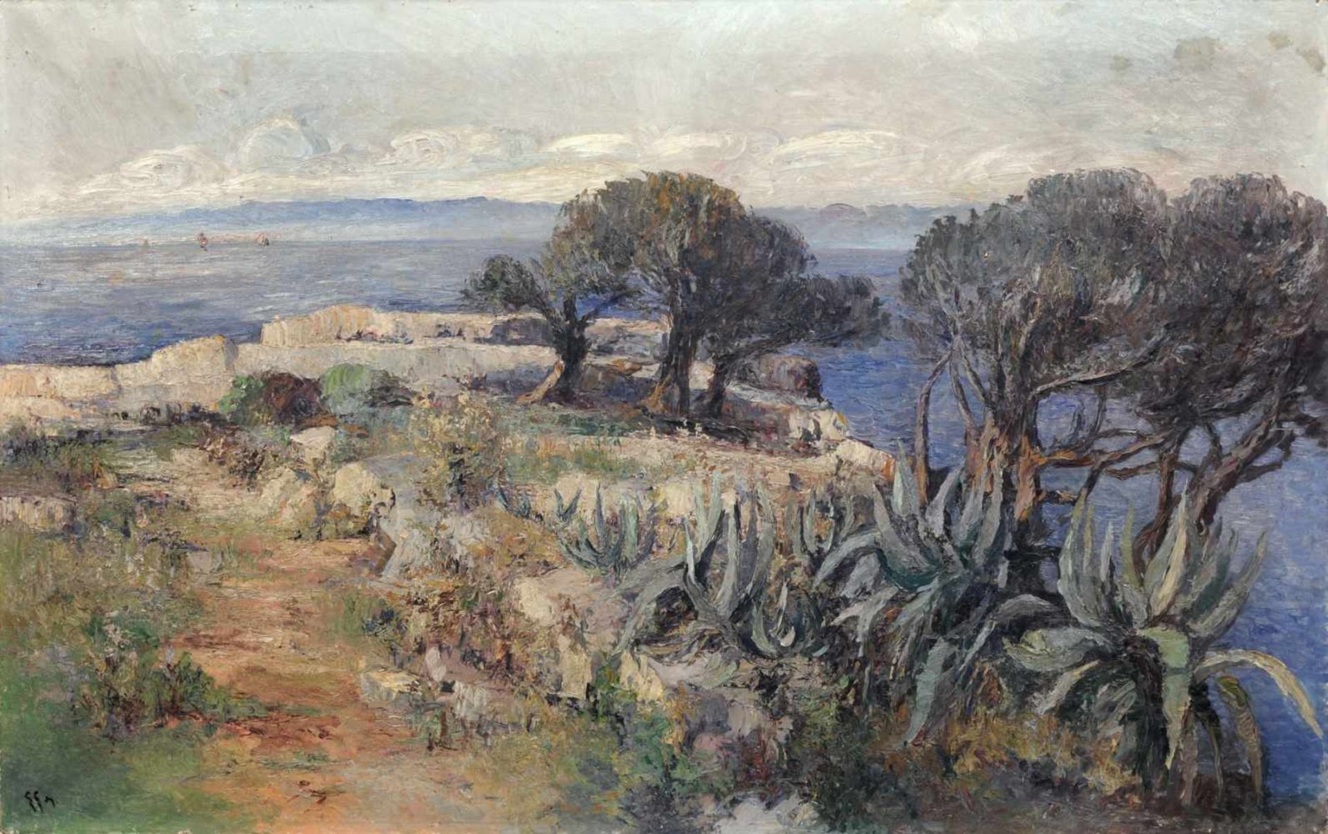 Georg Gelbke (zugeschr.), Küstenlandschaft mit Burganlage in Ragusa, Dalmatien (?). Wohl 1924.