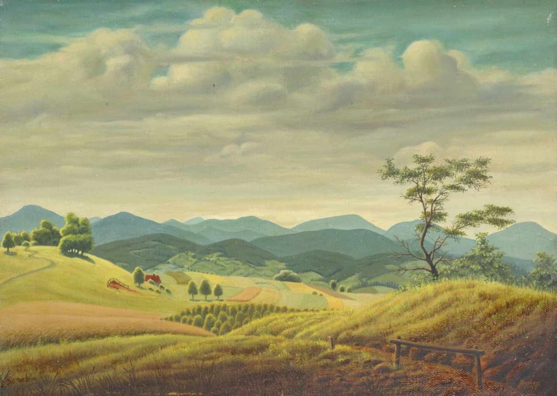 Karl Godeg, Blick aus der Gegend von Regen auf die Gebirgskette des Bayrischen Waldes. 1947.Karl