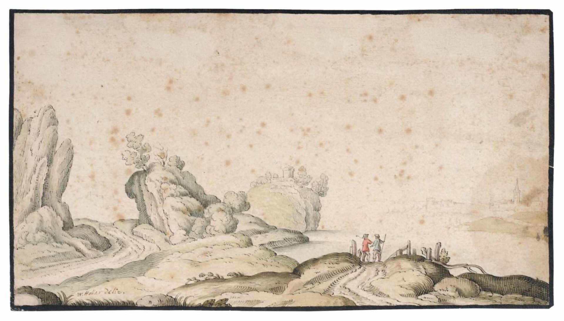 Wenzel Hollar (nach), Landschaft am Rhein (?) mit Wanderern, in Hintergrund eine Burg und eine