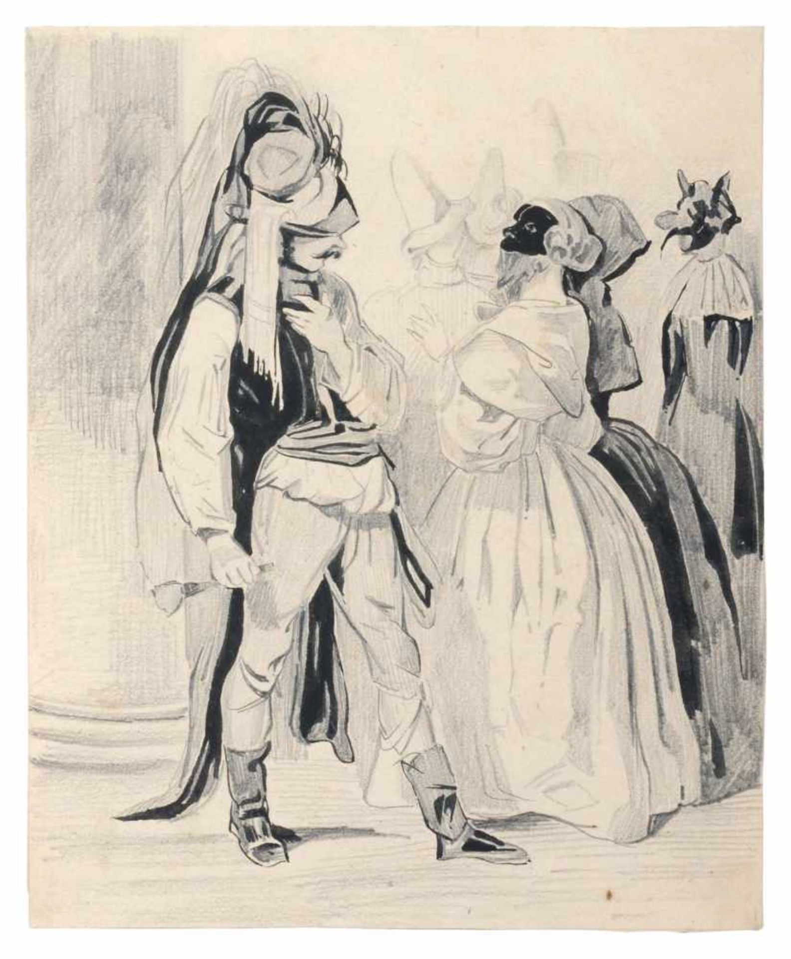 Paul Gavarni (zugeschr.), Maskenball. Mitte 19. Jh.Paul Gavarni 1804 Paris  1866 ebendaFeder- und