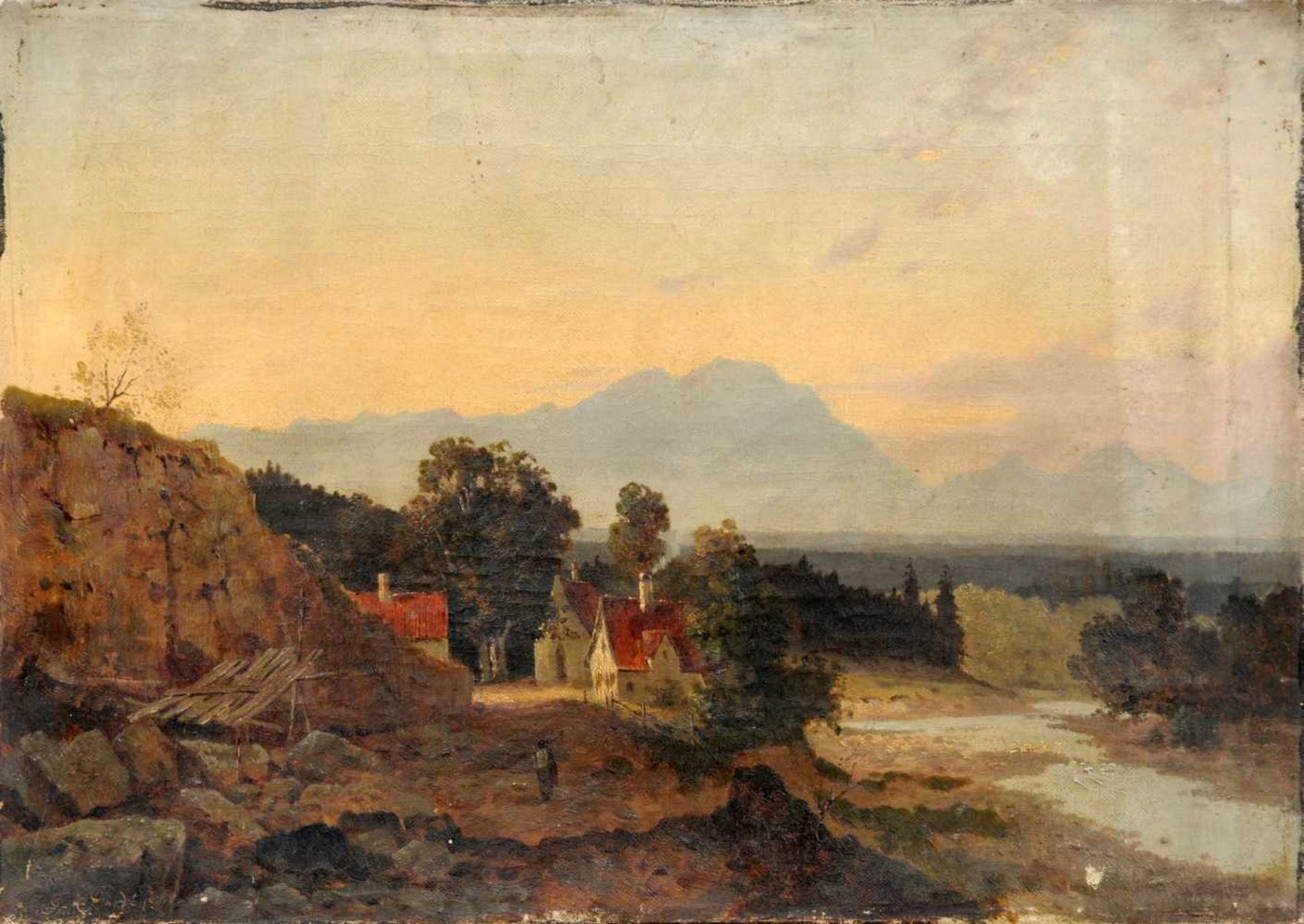 Franz Reder-Broili, Alpenländischer Steinbruch am Dorfrand im Abendlicht. Spätes 19. Jh.Franz