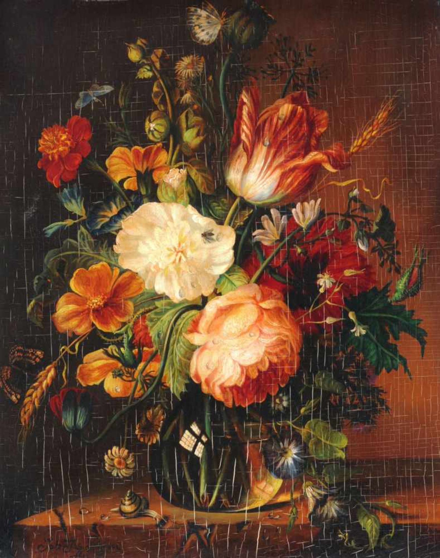 Johann Joseph Reiner, Blumenstillleben mit Schnecke und Schmetterlingen. Mitte 19. Jh.Johann