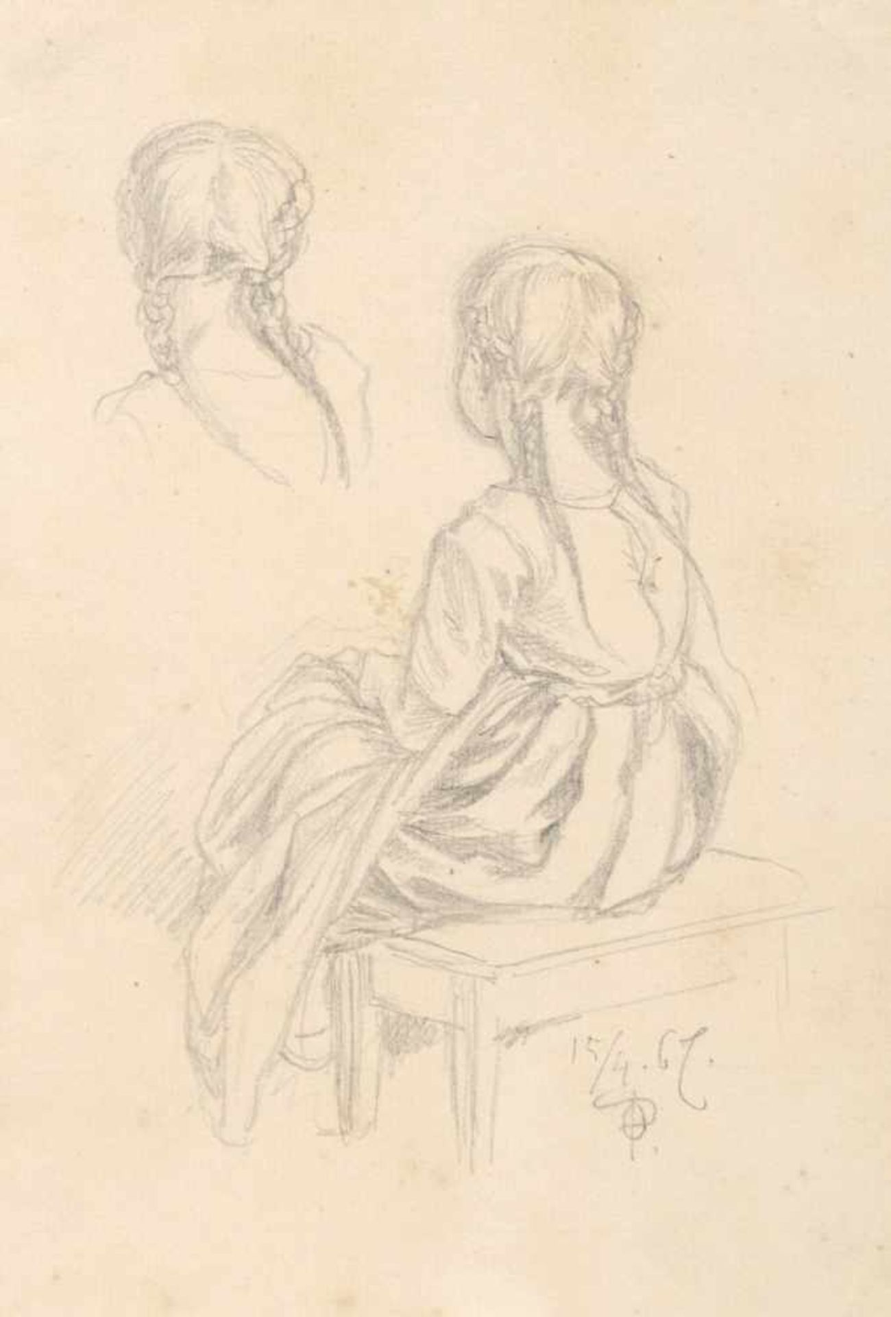 Oskar Pletsch, Studie eines sitzenden Mädchens mit Zöpfen. 1867.Oskar Pletsch 1830 Berlin  1888