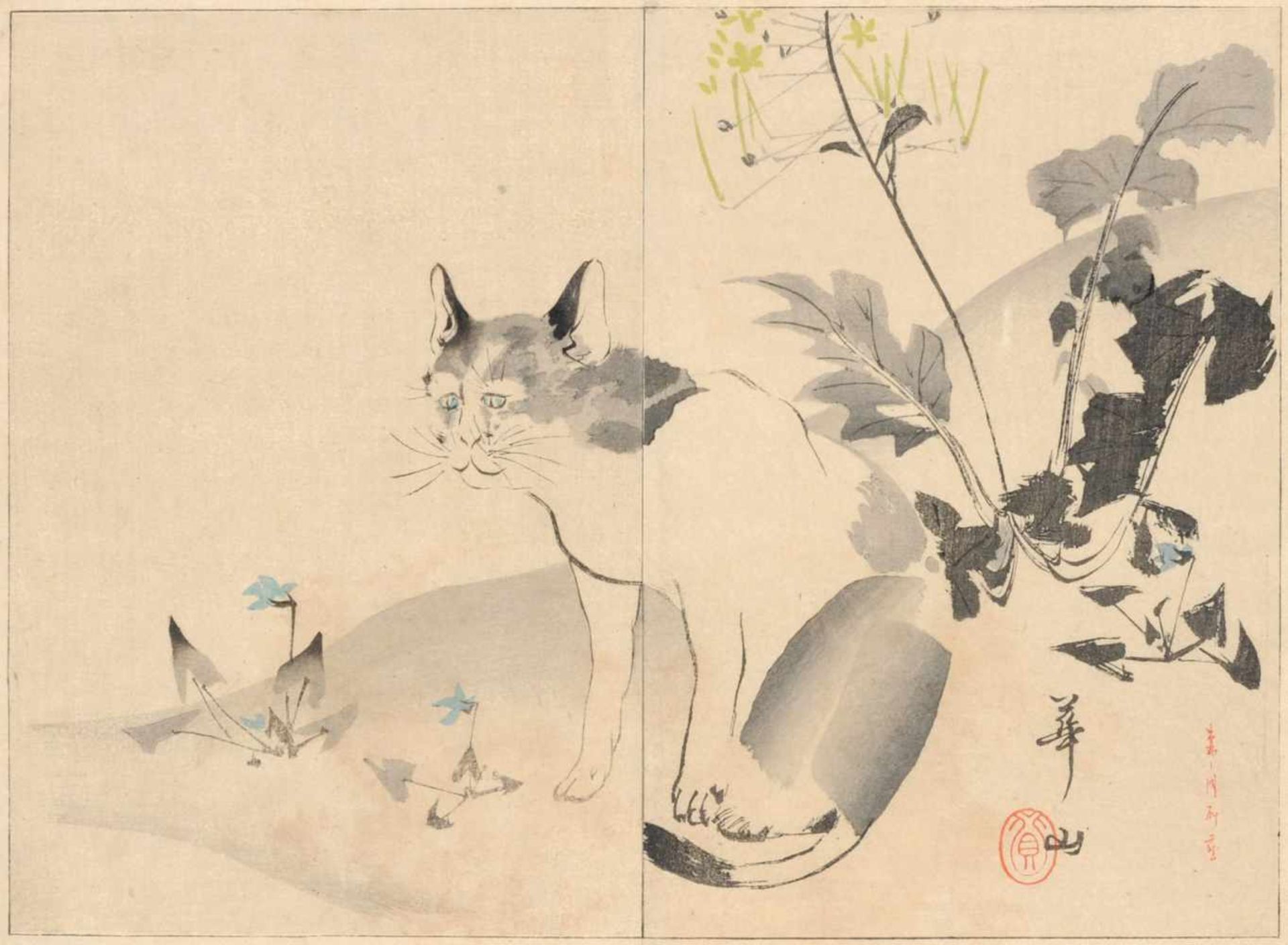 Unbekannter Künstler, Sitzende Katze (Diptychon). Wohl Ende 19. Jh.Farbholzschnitt auf festem Japan.
