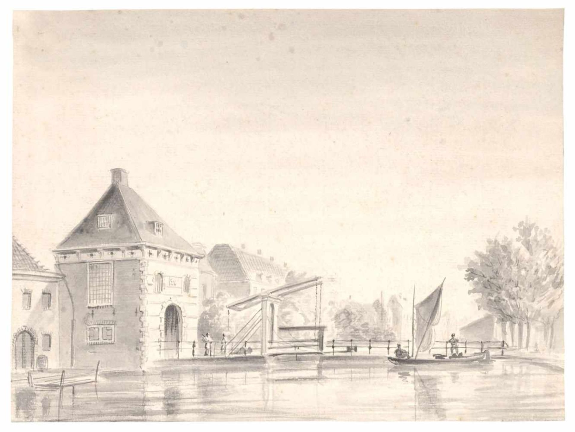 Paulus van Liender (Umkreis?), Holländische Stadtansicht mit Zugbrücke. Wohl 2. H. 18. Jh.Paulus van