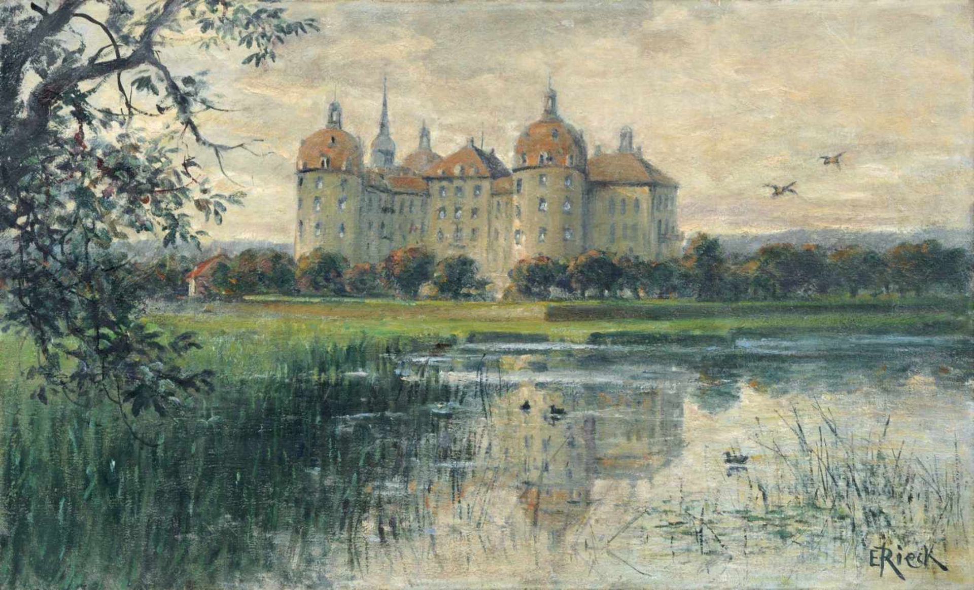 Emil Rieck, Ansicht von Schloss Moritzburg. 1. H. 20. Jh.Emil Rieck 1852 Hamburg  1939 MoritzburgÖl