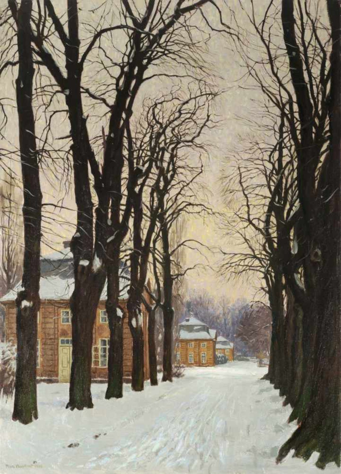 Fritz Beckert, Dresden  Die Kavaliershäuser im Großen Garten im Winter. Wohl 1944.<br