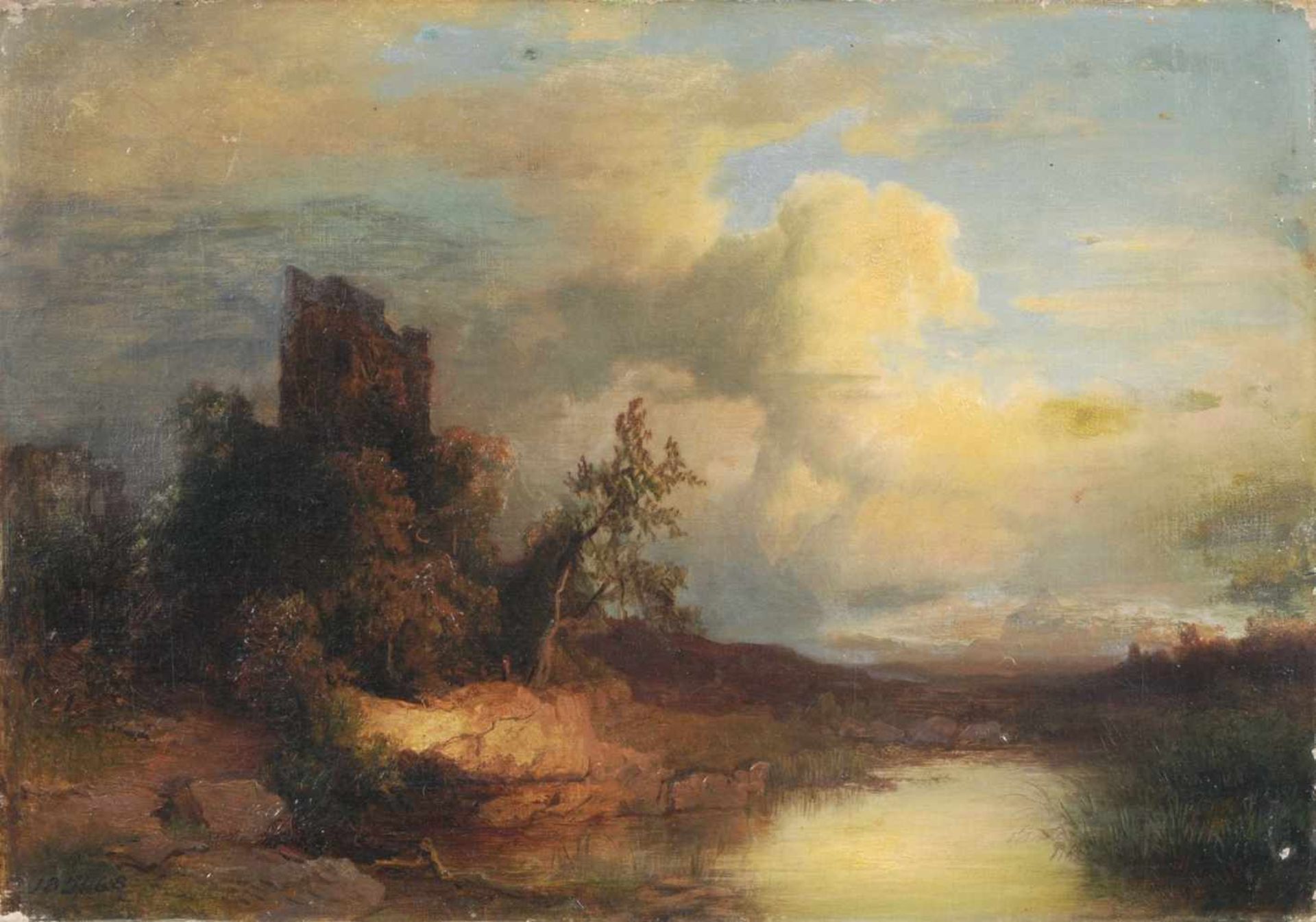 Julius Hermann Kummer (zugeschr.), Romantische Landschaft mit Burgruine. 1868.