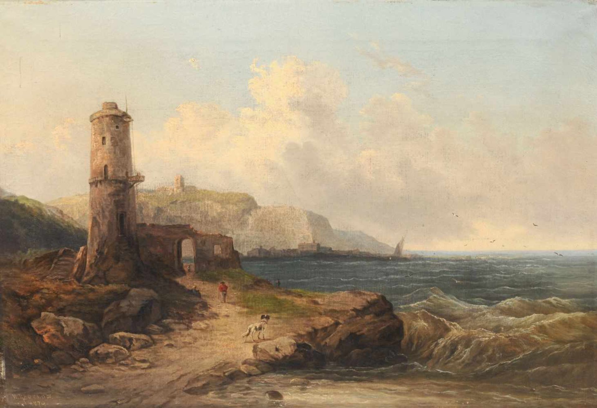 H. Radelof, Küstenlandschaft mit Turm und Ruine (Norwegische Küste-Helsingborg?). 1879.<b