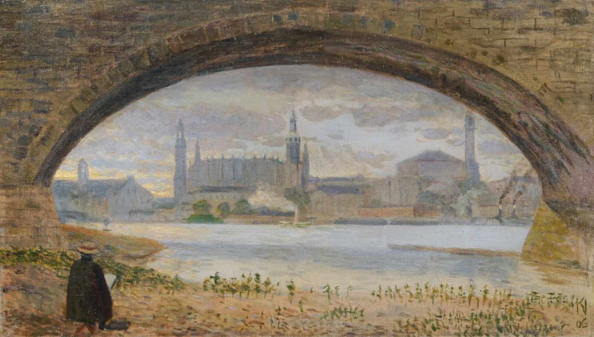Karl Naumann "Dresden - Altstadt durch die Marienbrücke gesehen". 1906.<
