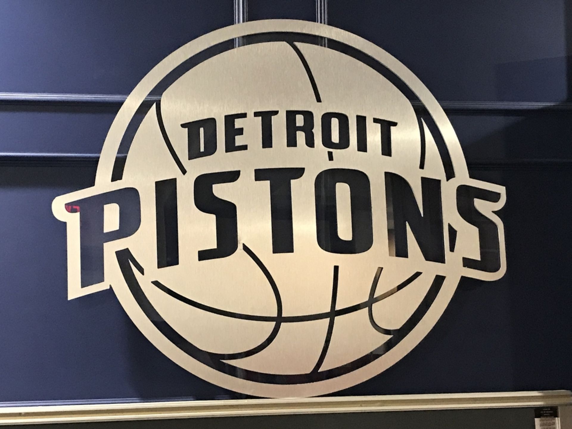 "Detroit Pistons" Emblem - Brushed Aluminum , Dim. 38 in x 32 in , Location: Press Box ***Note