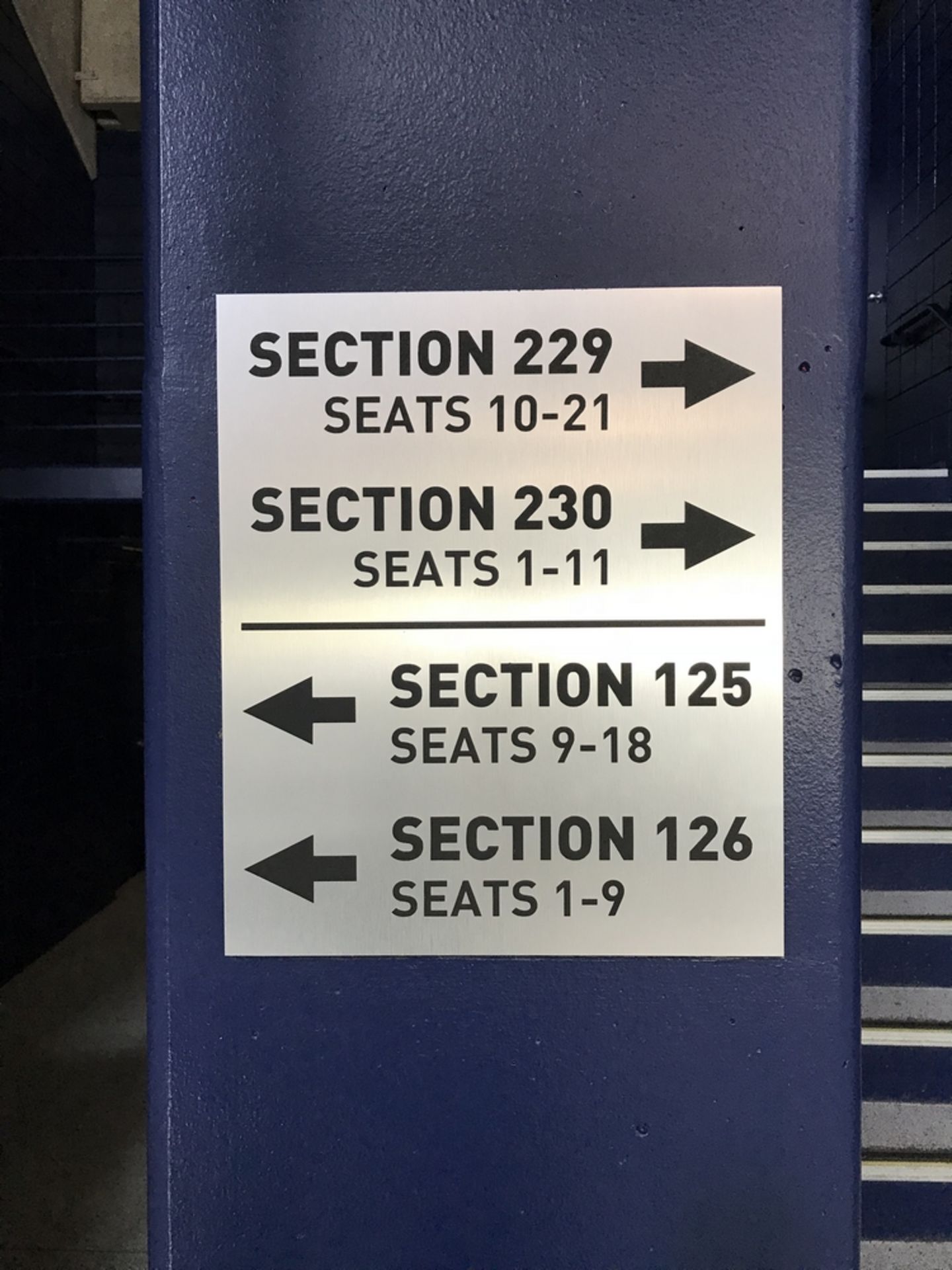 "Section 229, 230, 125 & 126" Sign , Dim. 15 in x 18 in , Location: Main Concourse ***Note from