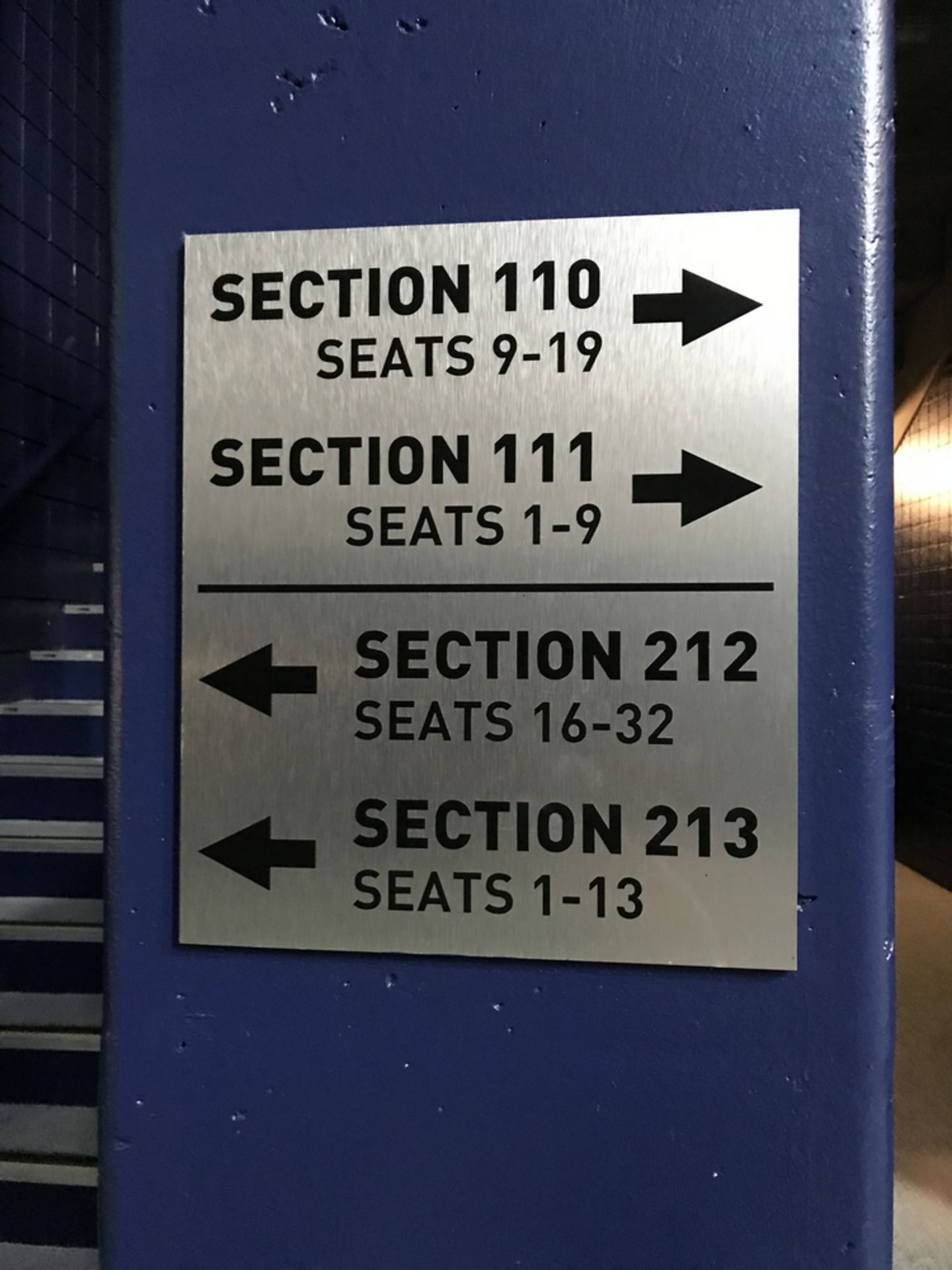 "Section 110, 111, 212 & 213" Sign , Dim. 15 in x 18 in , Location: Main Concourse ***Note from