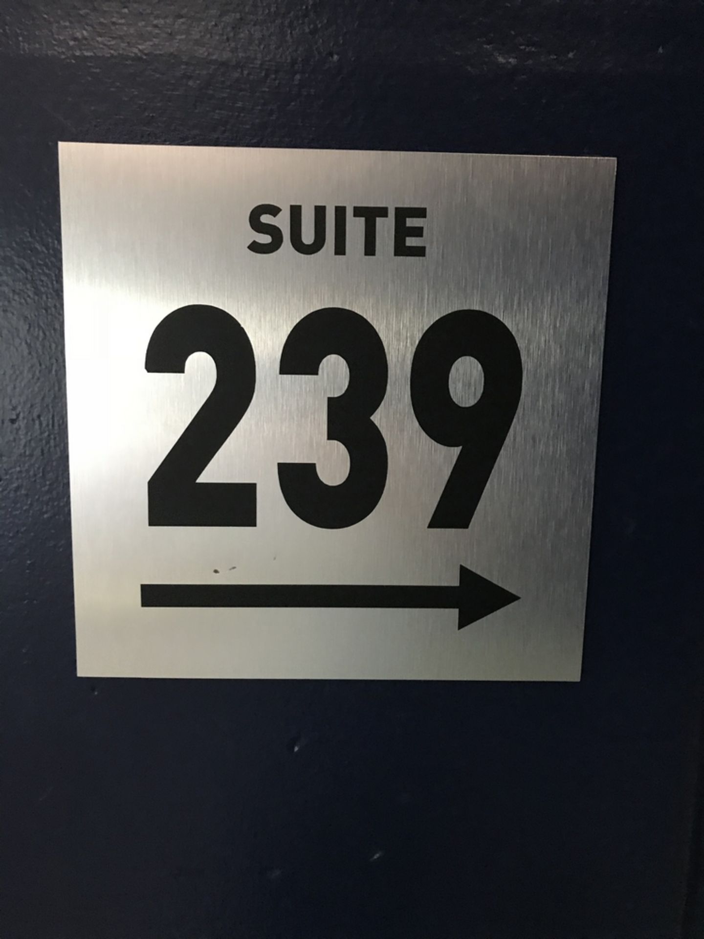 Suite Sign #239 , Dim. 12 in x 12 in , Location: Concourse ***Note from Auctioneer***This lot will