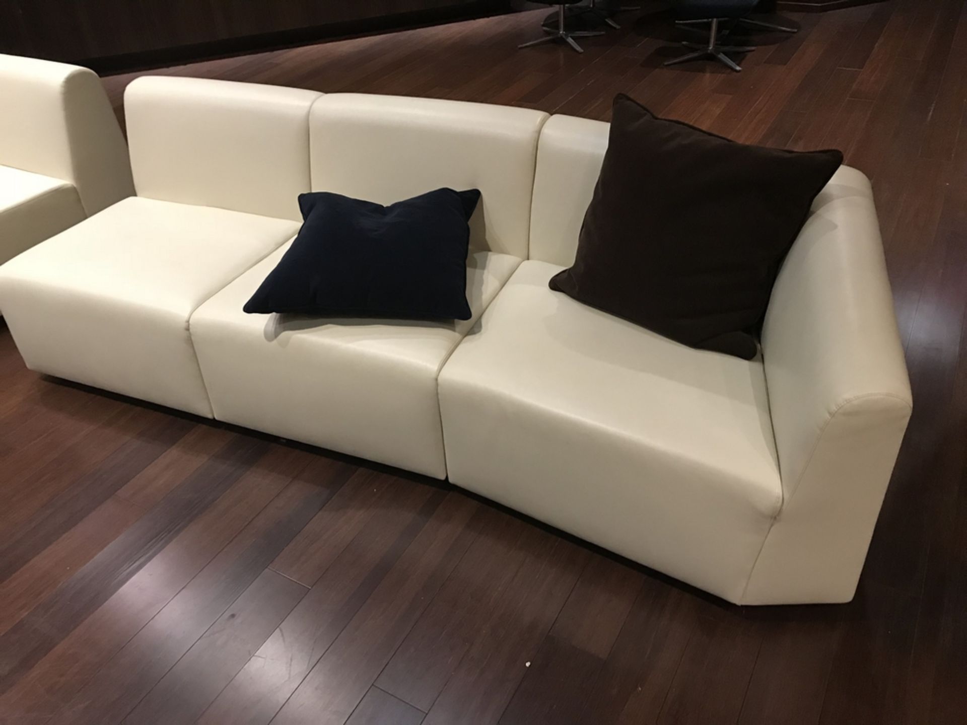 Off-White Couch Sectional (3 pc) , Dim. 120 l x 29 h x 33 , Location: Players Lounge ***Note from