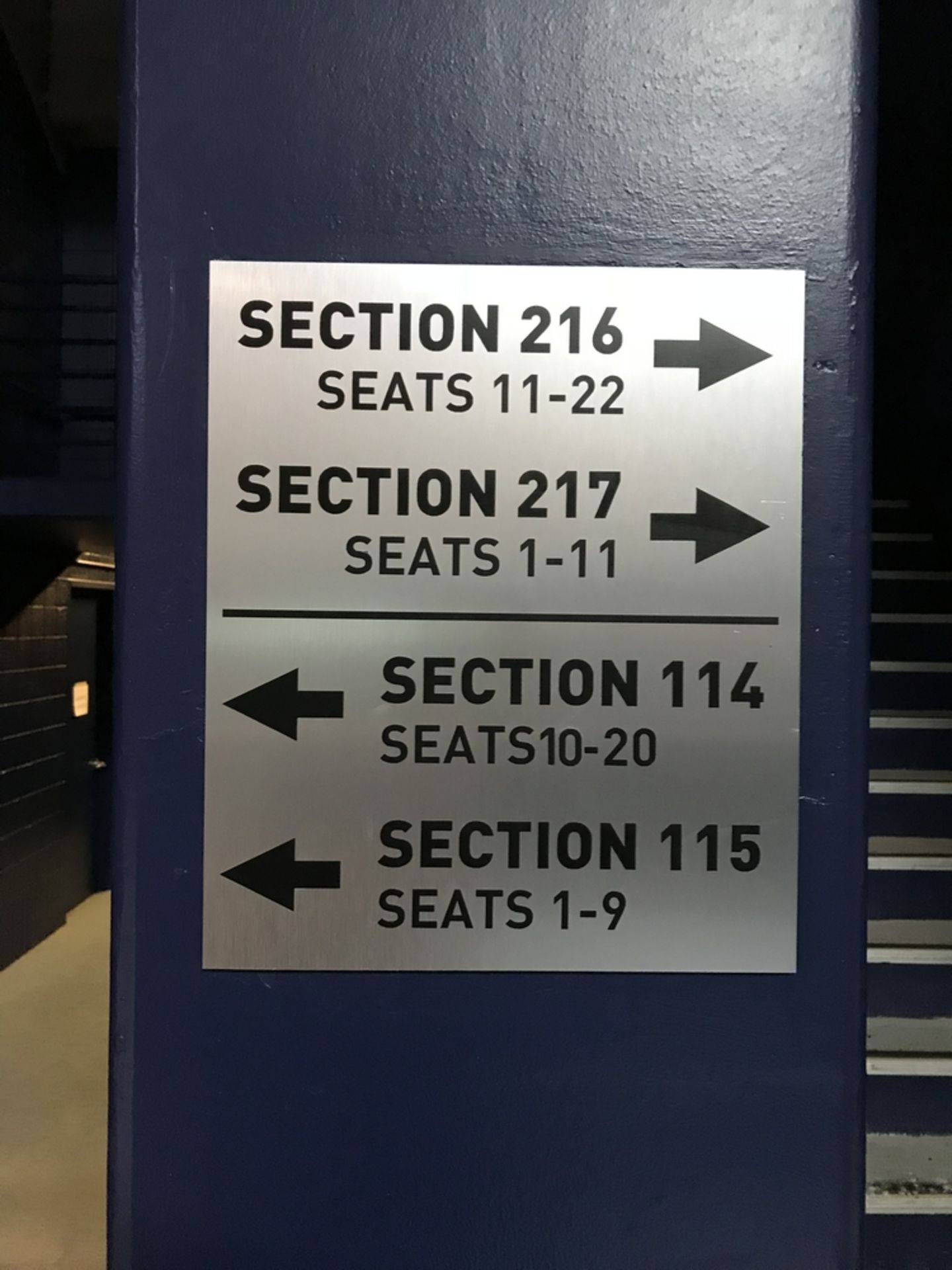 "Section 216, 217, 114 & 115" Sign , Dim. 15 in x 18 in , Location: Main Concourse ***Note from