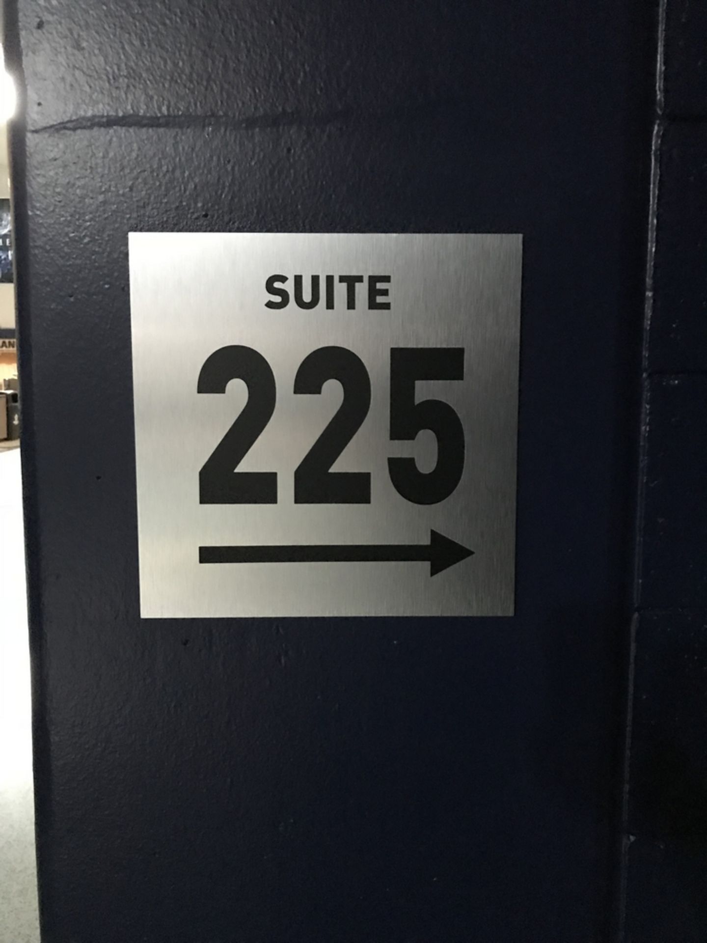Suite Sign #225 , Dim. 12 in x 12 in , Location: Concourse ***Note from Auctioneer***This lot will
