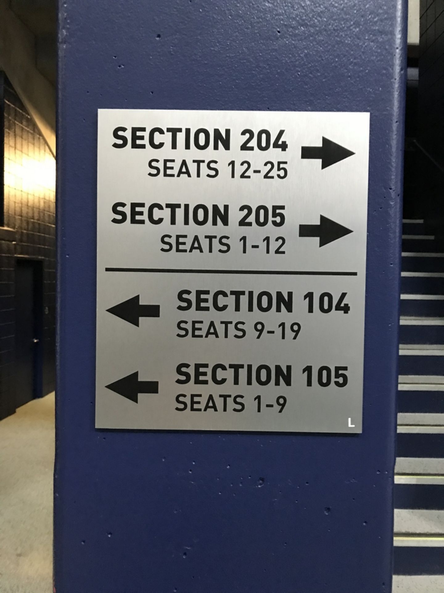 "Section 204, 205, 104 & 105" Sign , Dim. 15 in x 18 in , Location: Main Concourse ***Note from