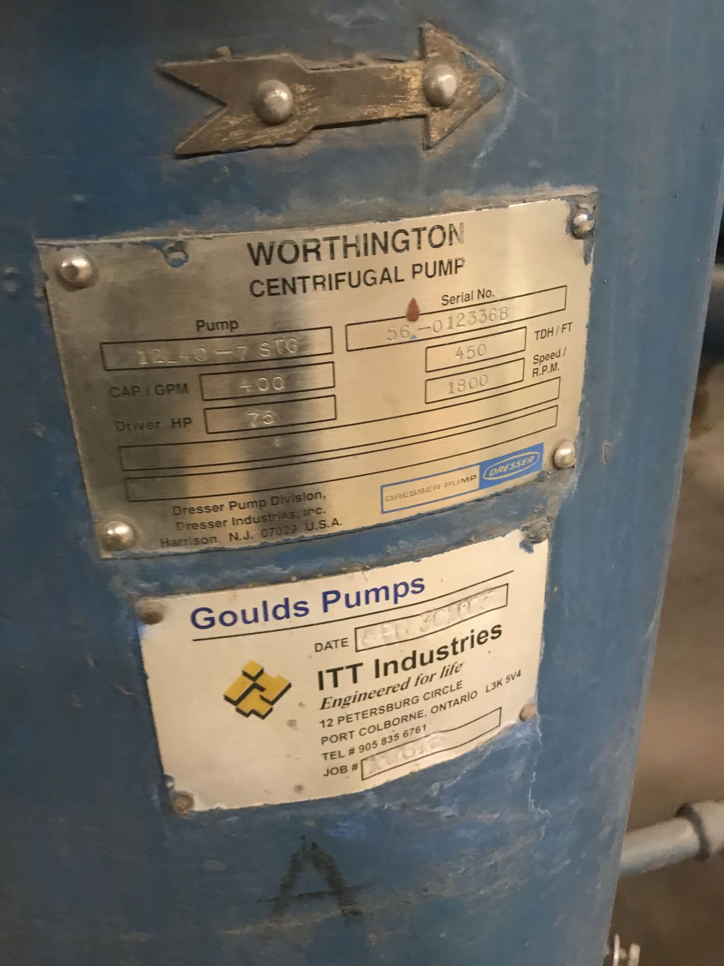 Condensate Pump, Worthington Goulds Centr Pump, Model #12L45-7-STG, Serial #56-12336B, Motor - 75HP, - Image 3 of 4