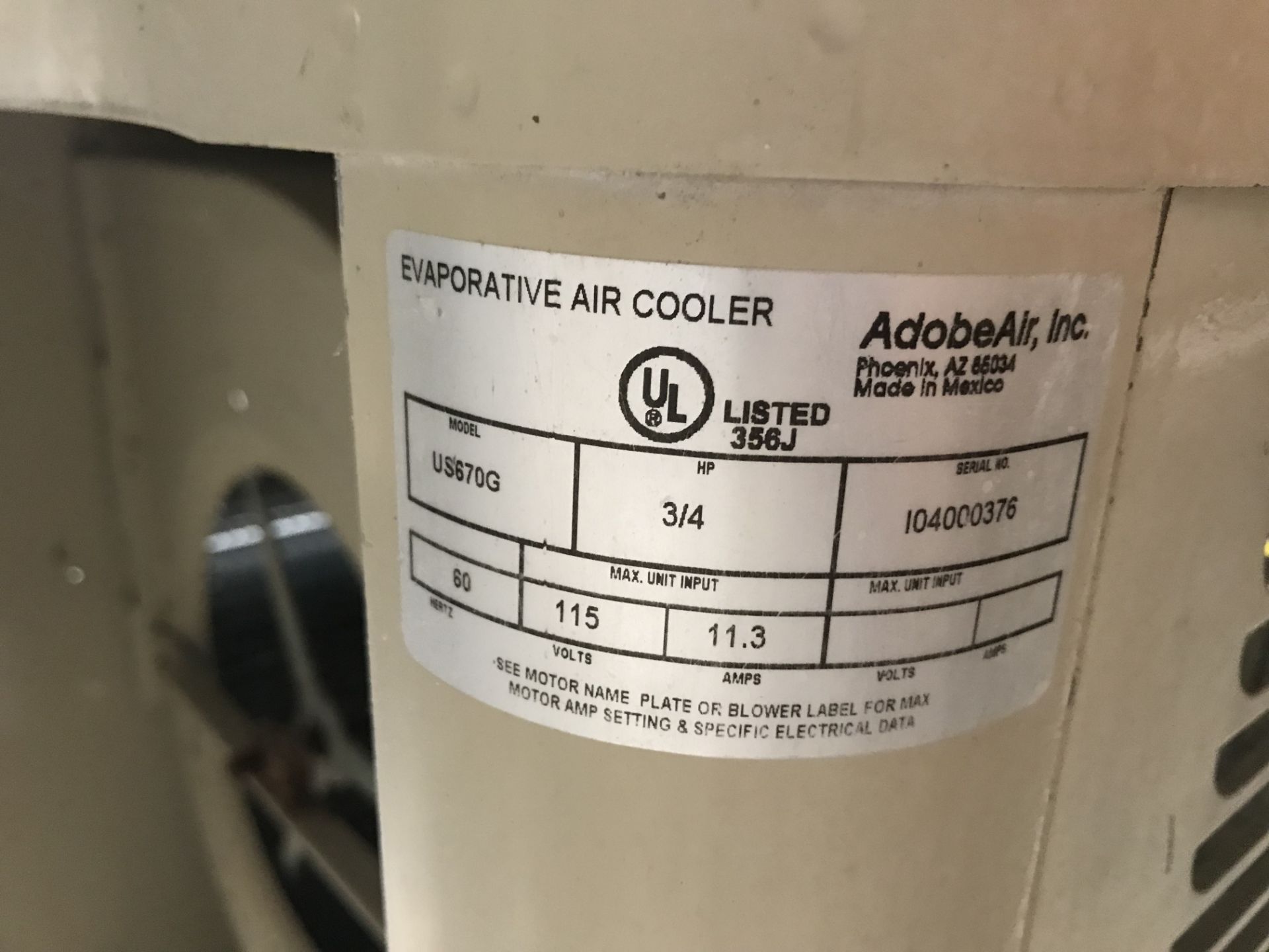 AdobeAir Inc. Evaporative Air Cooler, Model# US670G, Serial# I04000376, 3/4 HP, 115 Volts, 60 Hz, - Image 2 of 4