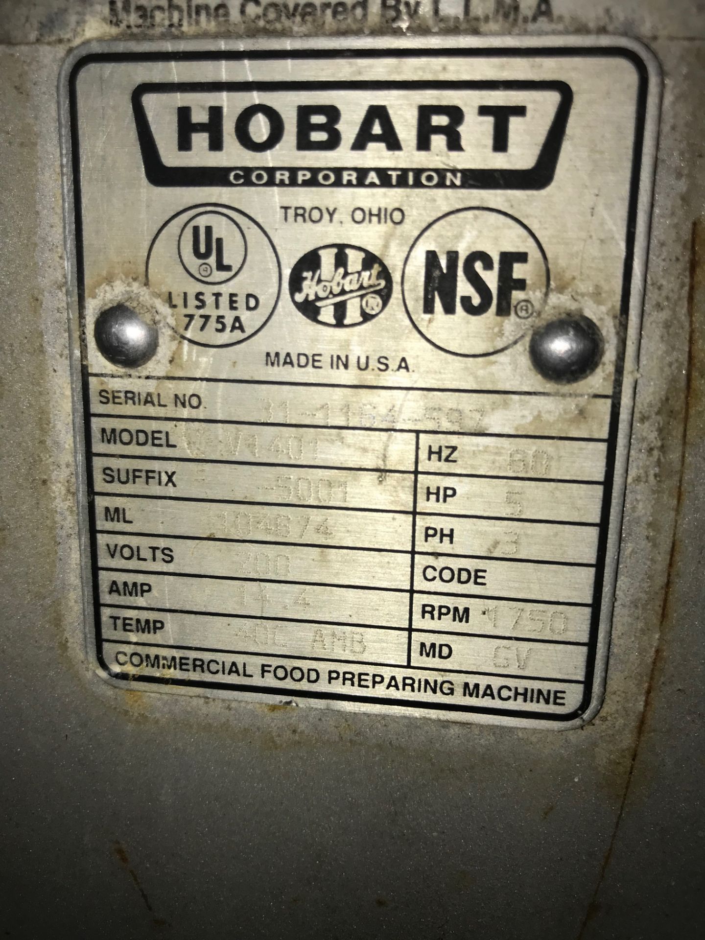 Hobart Mixer,Model# V1401, Serial# 31-1164-597, 200 Volts, 14.4 Amps, 60 Hz, 5 HP, 3 Phase, 1750 - Image 2 of 3