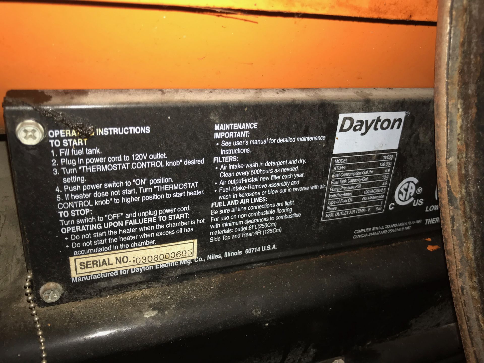 Pallet of: (2)Dayton Portable Oil Fired Heater, Model# 3VE50, 120,000 BTU AND (2) Banders - Image 6 of 7