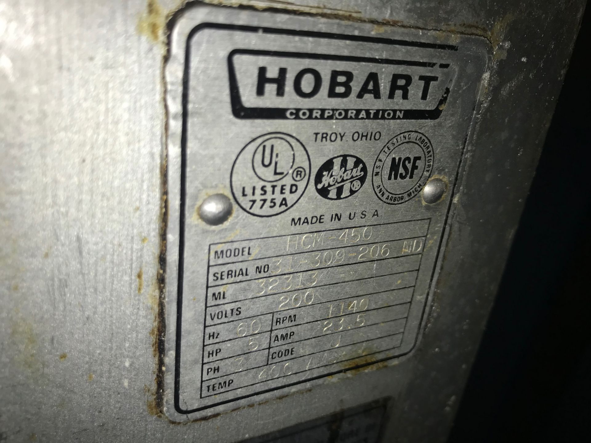 Hobart Cutter Mixer, Model# HCM-450, Serial# 31-309-206, 200 Volts, 60 Hz, 1140 RPM, 5 HP, 3 Phase - Image 3 of 4