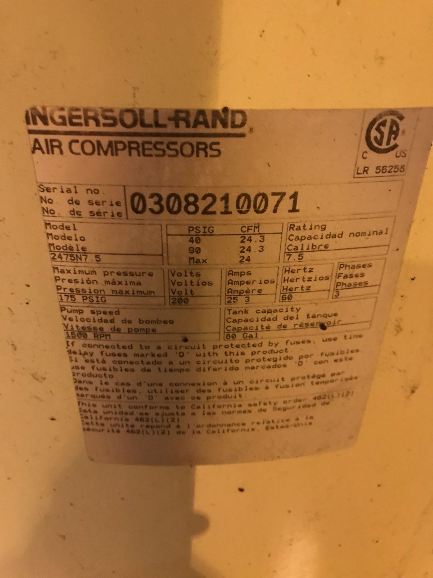 Ingersoll Rand Air Compressor, Model# 2475N75, Serial# 0308210071, 175 PSIG, 200 Volts, 25 Amps, - Image 2 of 3