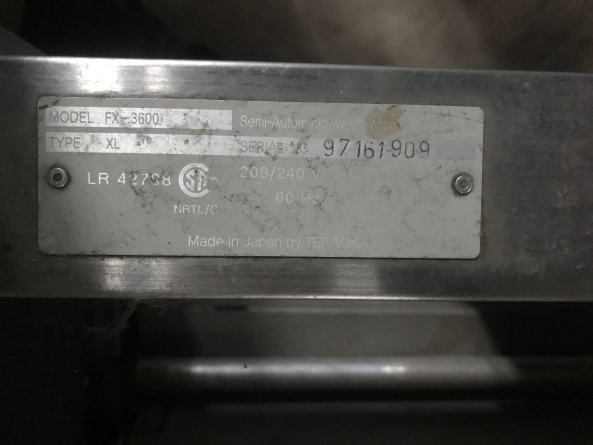 Teraoka Semi-Automatic Individual Weigh/ Wrapping Machine, Model# FX-3600, Serial# 97161909, 208/240 - Image 4 of 5