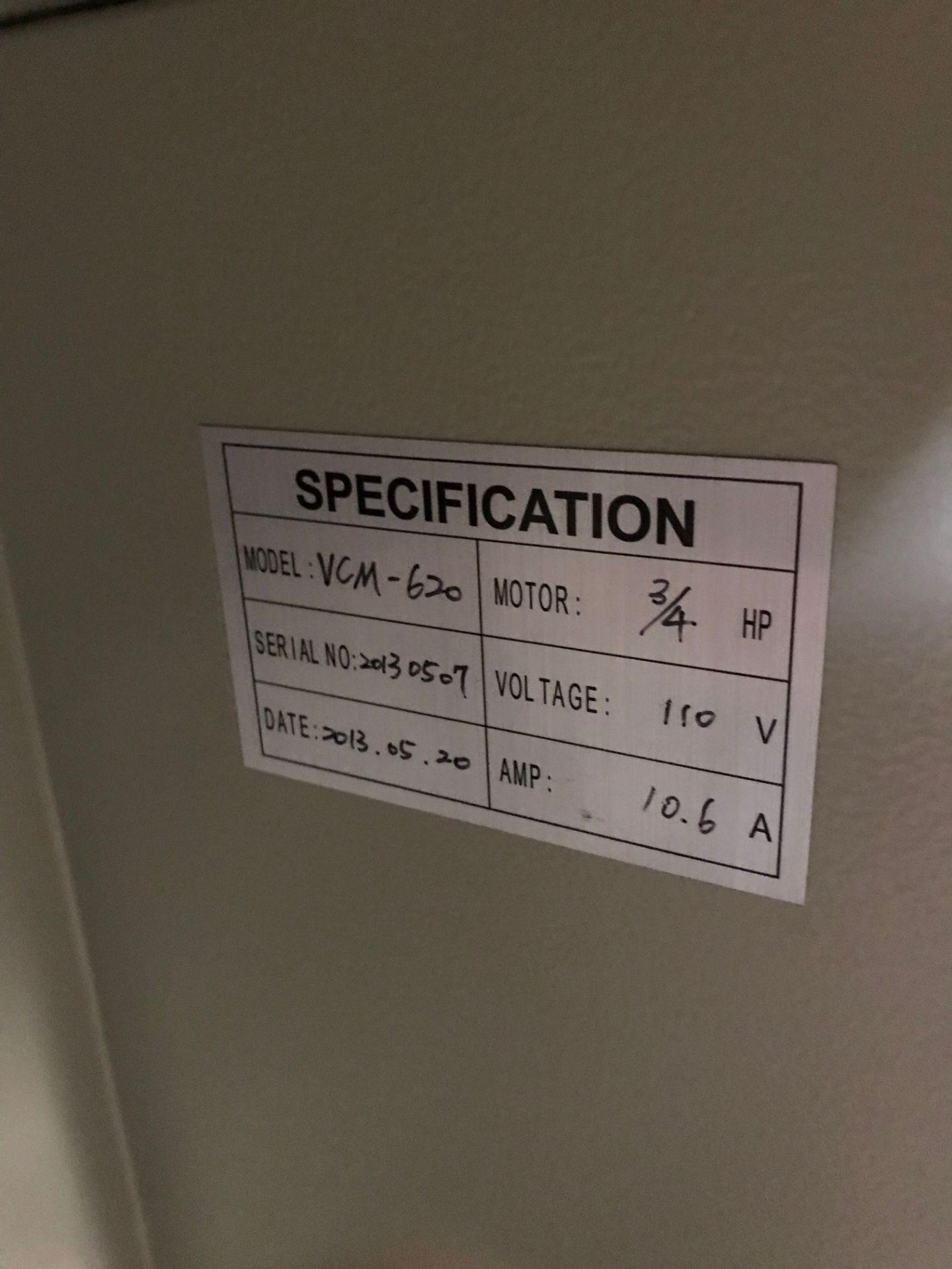 Lab Hood, Model# VCM-620, Serial# 20130507, 3/4 HP, 110 Volts, 10.6 Amps - Image 2 of 3