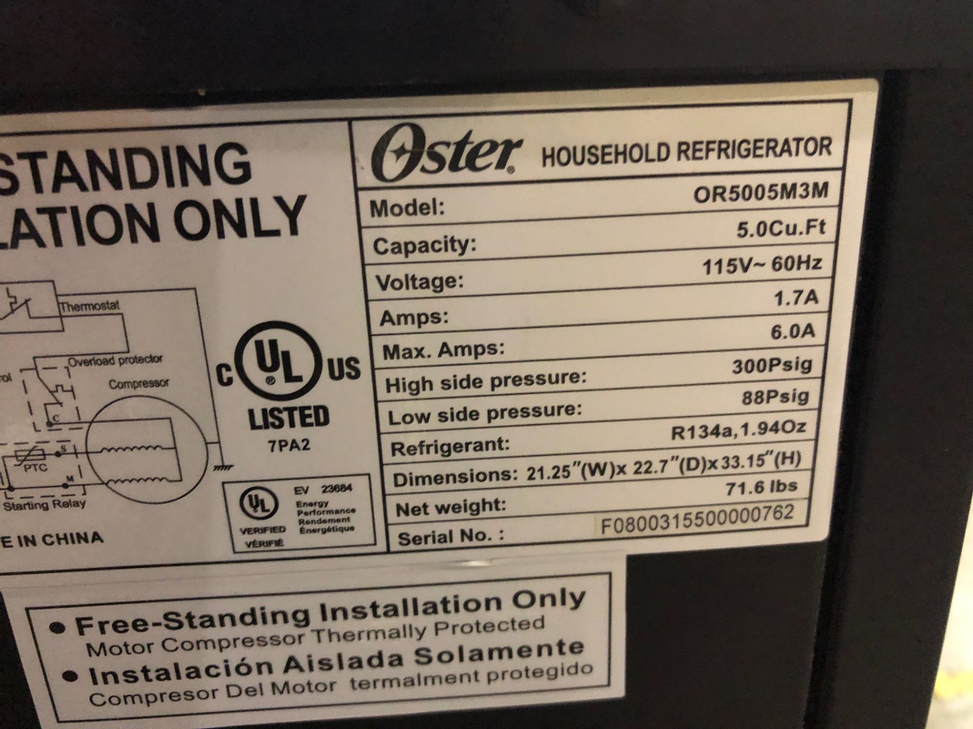 Oster Household Refrigerator Under Counter 5CU FT Capacity, RIGGING FEE $25 - Image 3 of 3