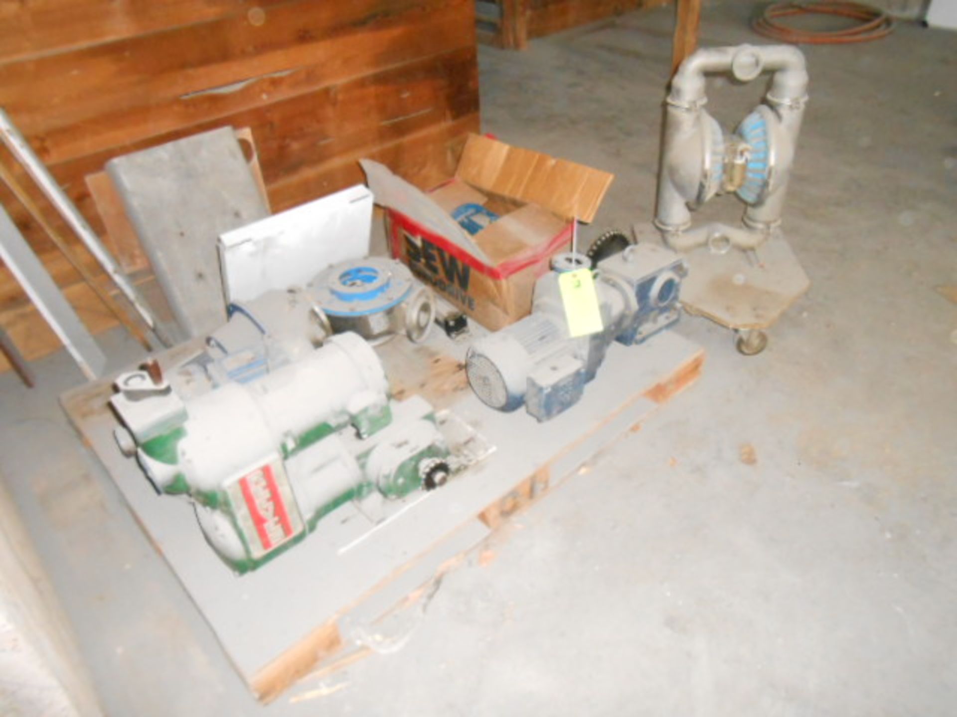 LOT of pallet 2 pumps, 2 gearbox, 1 air pump, pump housing, 1 C-face motor __LOCATED: ON-SITE