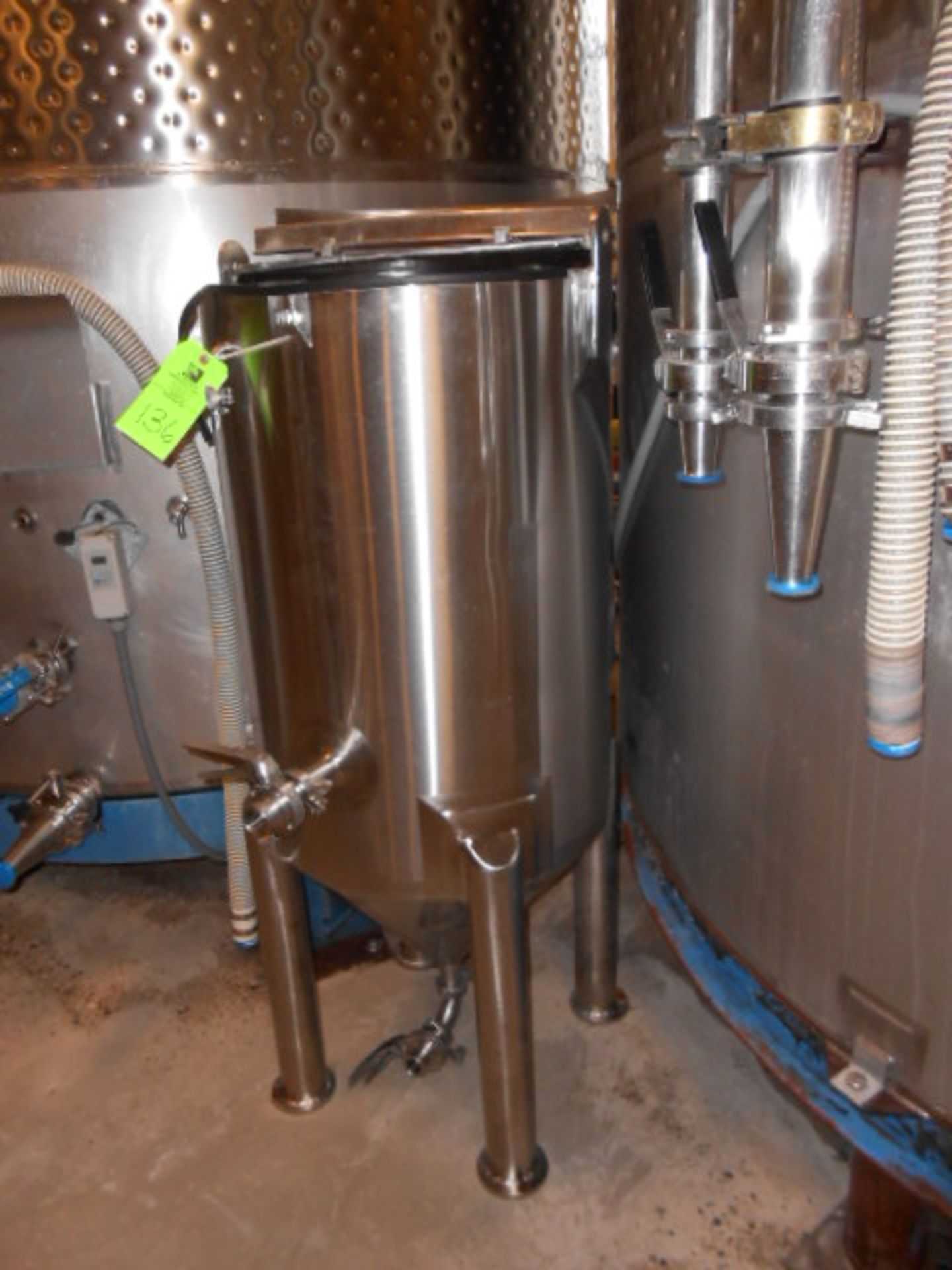 Stainless steel cone bottom vessel with lid top , 24 in diameter x 50 in deep __LOCATED: MAIN CIDERY