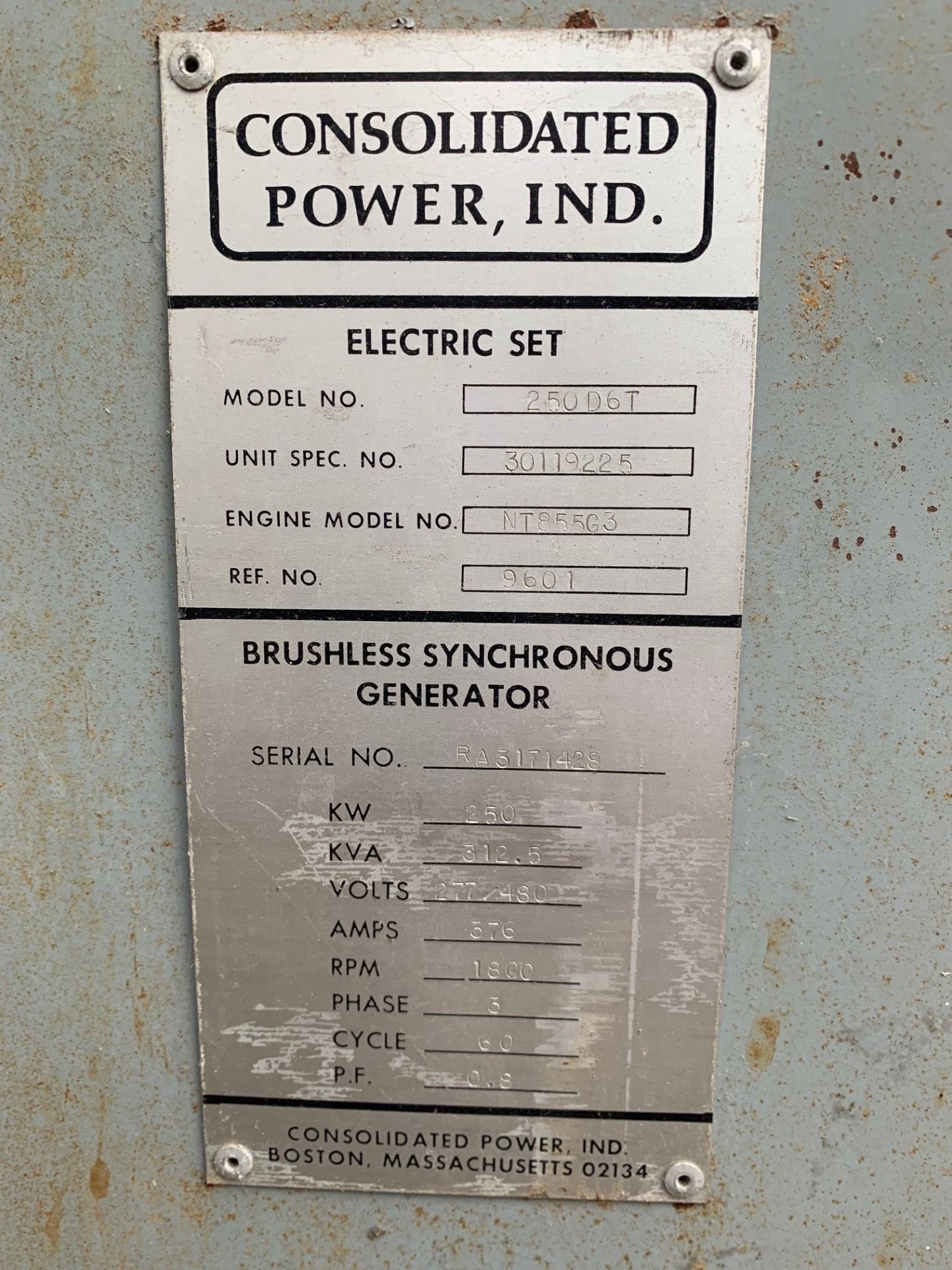 Consolidated Power Brushless Synchronous Generator, Model #250D6T, Serial #RA5171428, - Image 4 of 4