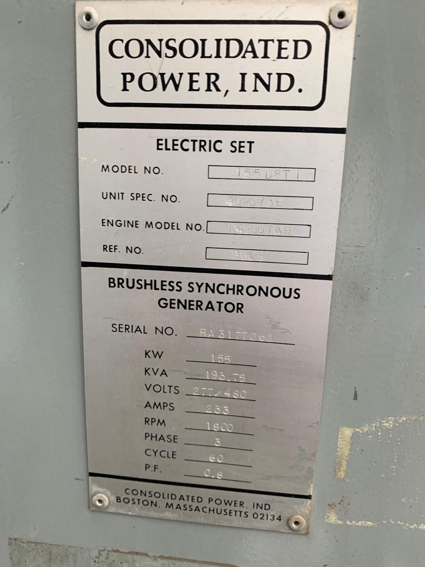 Consolidated Power Brushless Synchronous Generator, Model #155D8T1, Serial #RA3177060 - Image 2 of 3