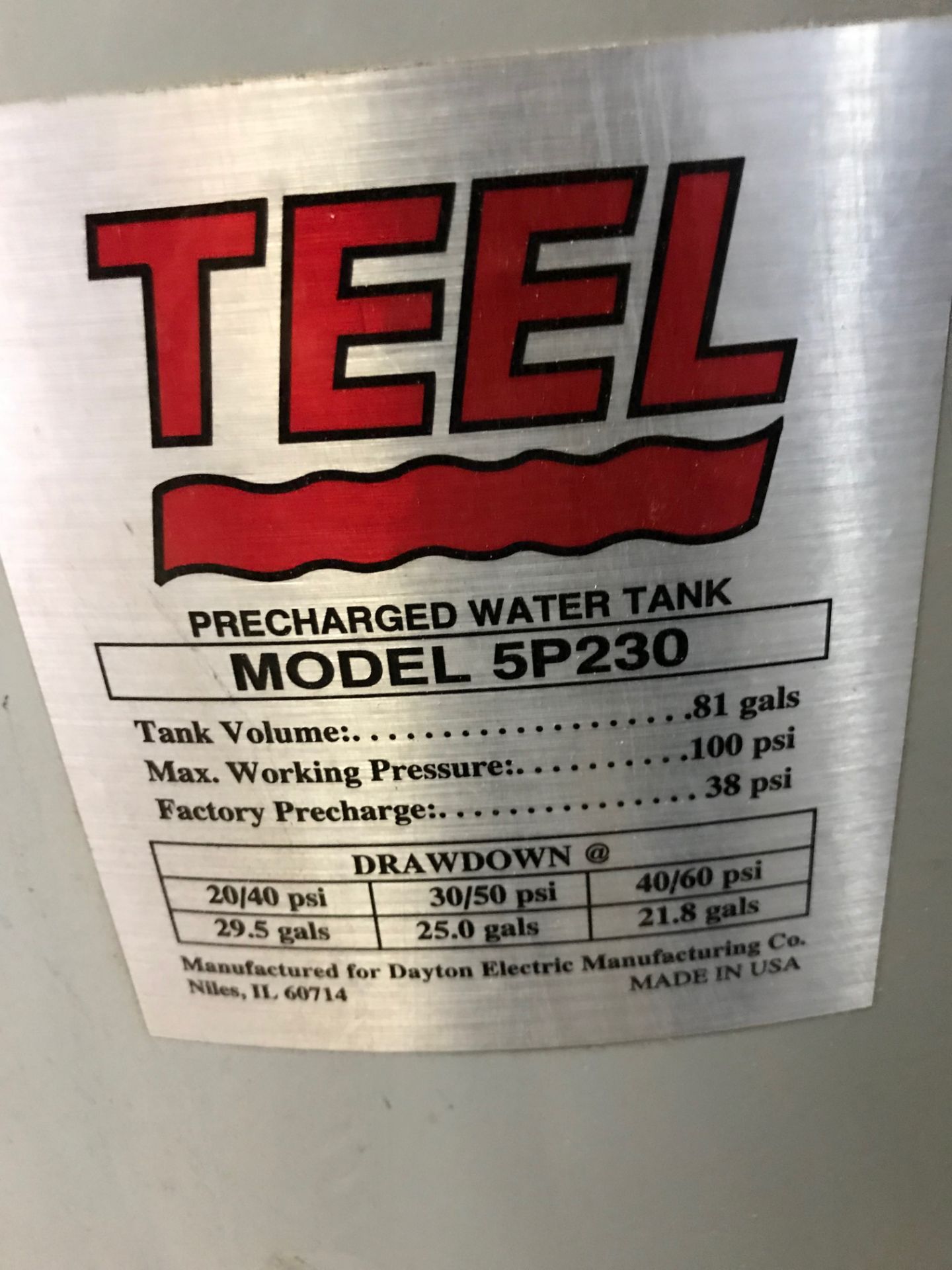 TEEL Precharged Water Tank, Model# 5P230, Tank Volume 81 Gal, Max Working Preasure 100 psi - Image 2 of 3