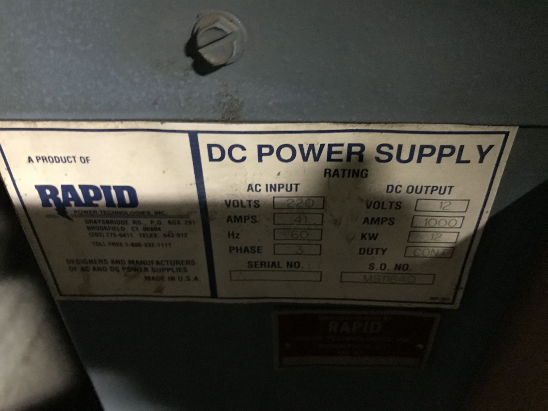 RECTIFIER, RAPID POWER TECHNOLOGIES, MODEL S.O. MS11640, 3 PHASE, DC OUTPUT, 1000 AMPS, KW 12, - Image 2 of 4