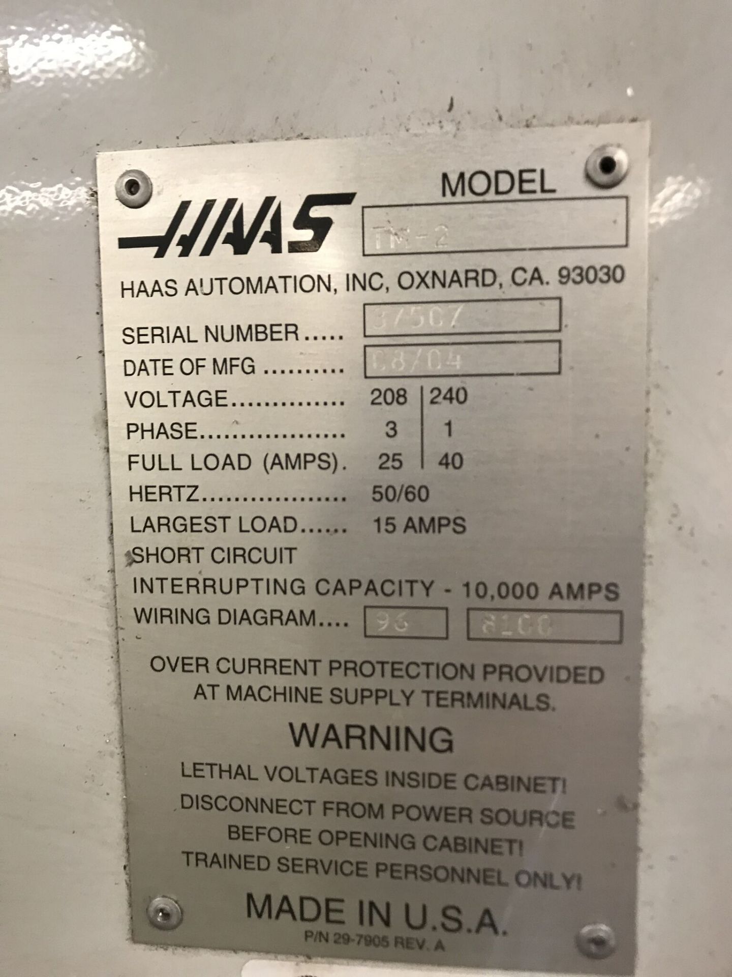 HAAS Tool Room Mill, Model #TM-2, S/N #37507, Year 2004 - Image 3 of 6