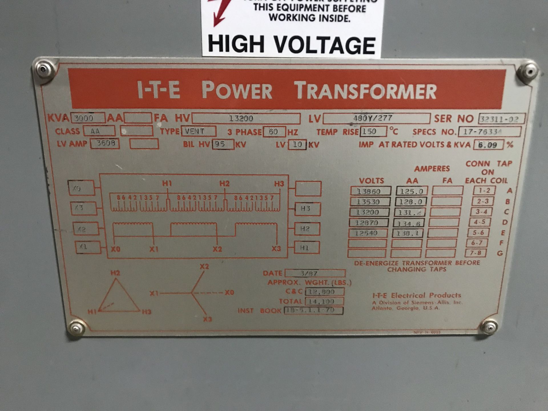 I.T.E Power Transformer, S/N #32311-02, Year 1987, Bank Includes (5)I.T.E Switchboards Located: 1st - Image 3 of 4