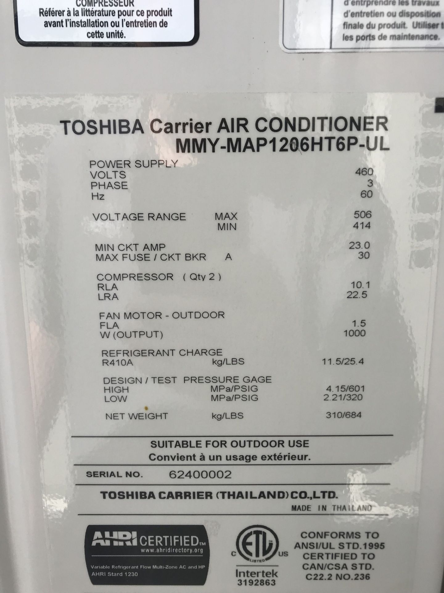 (2) Toshiba Carrier Air Conditioning Units, Model #MMY-MAP1206HT6P-UL, S/N #62400002 Located: South - Image 3 of 3