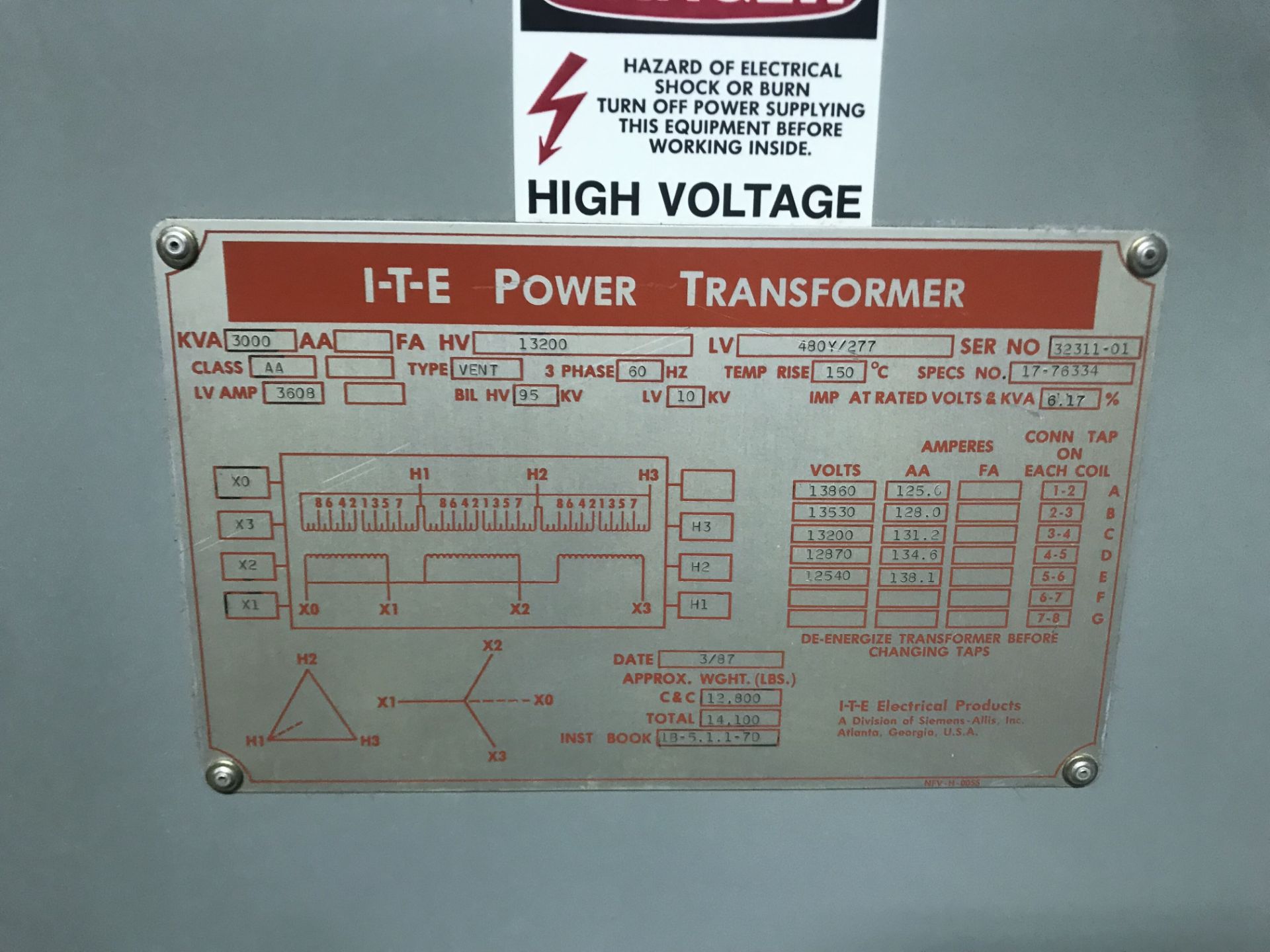 I.T.E. Power Transformer & Bus Ducts, S/N #32311-01, Year 1987 Located: 1st Floor ***NOTE from - Image 4 of 6