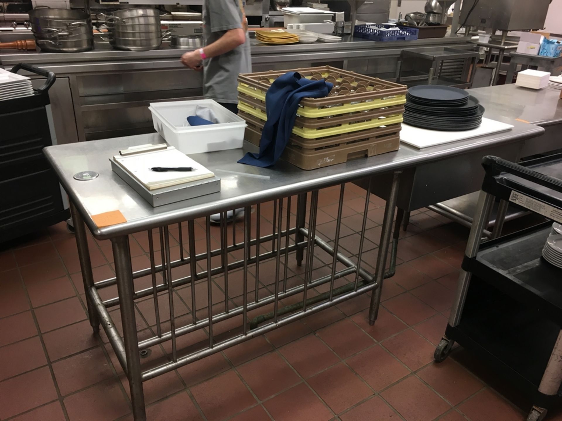 SS Table, 2 1/2 ft w x 7 ft l x 3 ft t Located: Main Kitchen, adjacent to Palace Grill Asset #: N/