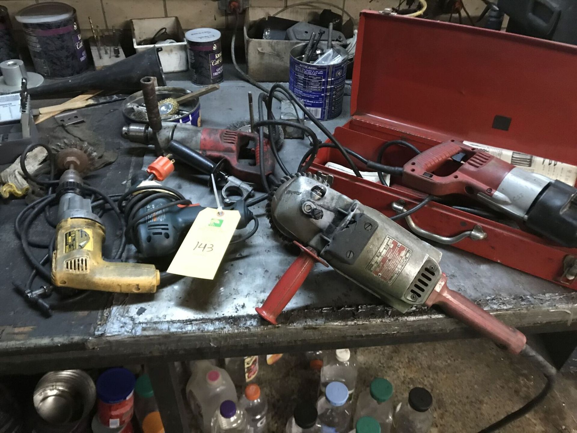 Tool Lot (1) Sawzall, (1) Drill, (1) DW150 Hammer Drill, (1) Milwaukee Saw, (1) Angle Grinder/Sander